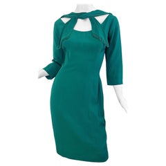 Vintage Ceil Chapman 1950s Emerald Silk 50S Cocktail Dress Scarf Neckline