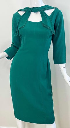 Vintage Ceil Chapman 1950s Emerald Silk 50S Cocktail Dress Scarf Neckline