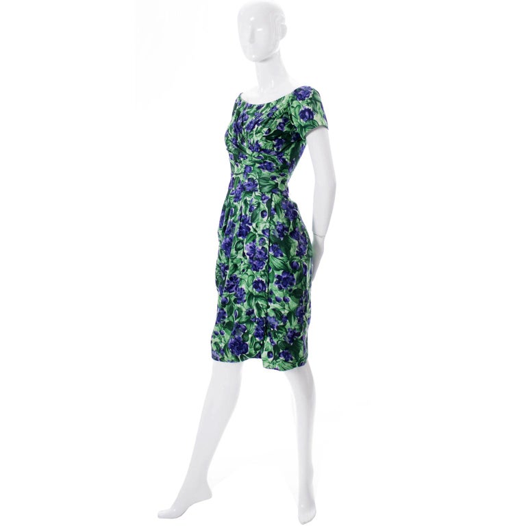 Black Vintage Ceil Chapman 1950s Purple & Green Floral Dress W Ruching For Sale