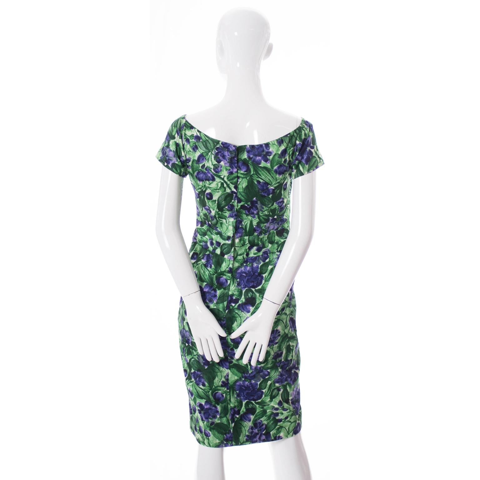 Vintage Ceil Chapman Vintage lila & grünes geblümtes Kleid mit Rüschen, 1950er Jahre im Zustand „Hervorragend“ im Angebot in Portland, OR