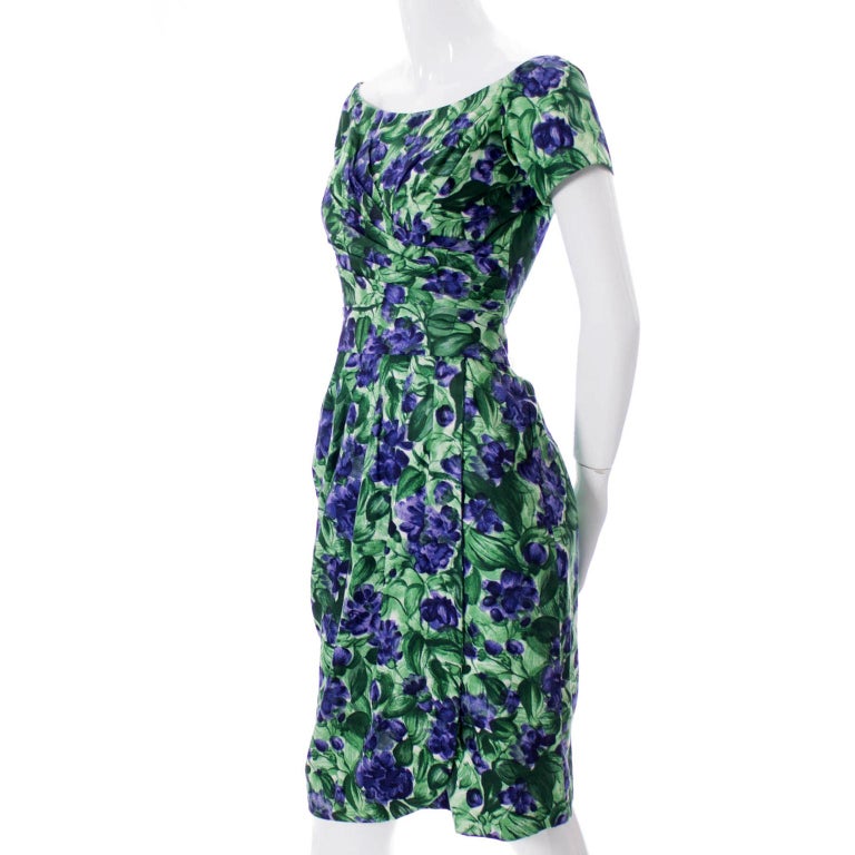 Women's Vintage Ceil Chapman 1950s Purple & Green Floral Dress W Ruching For Sale