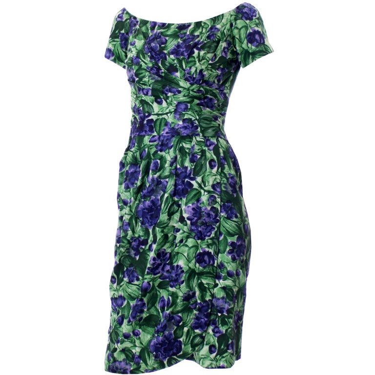 Vintage Ceil Chapman 1950s Purple & Green Floral Dress W Ruching For Sale 1