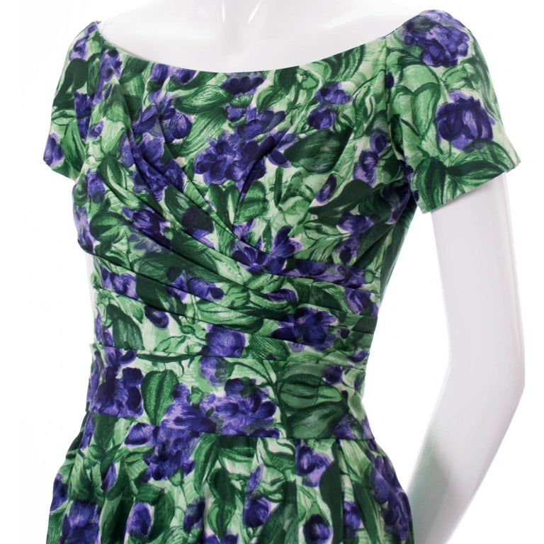 Vintage Ceil Chapman 1950s Purple & Green Floral Dress W Ruching For Sale 2