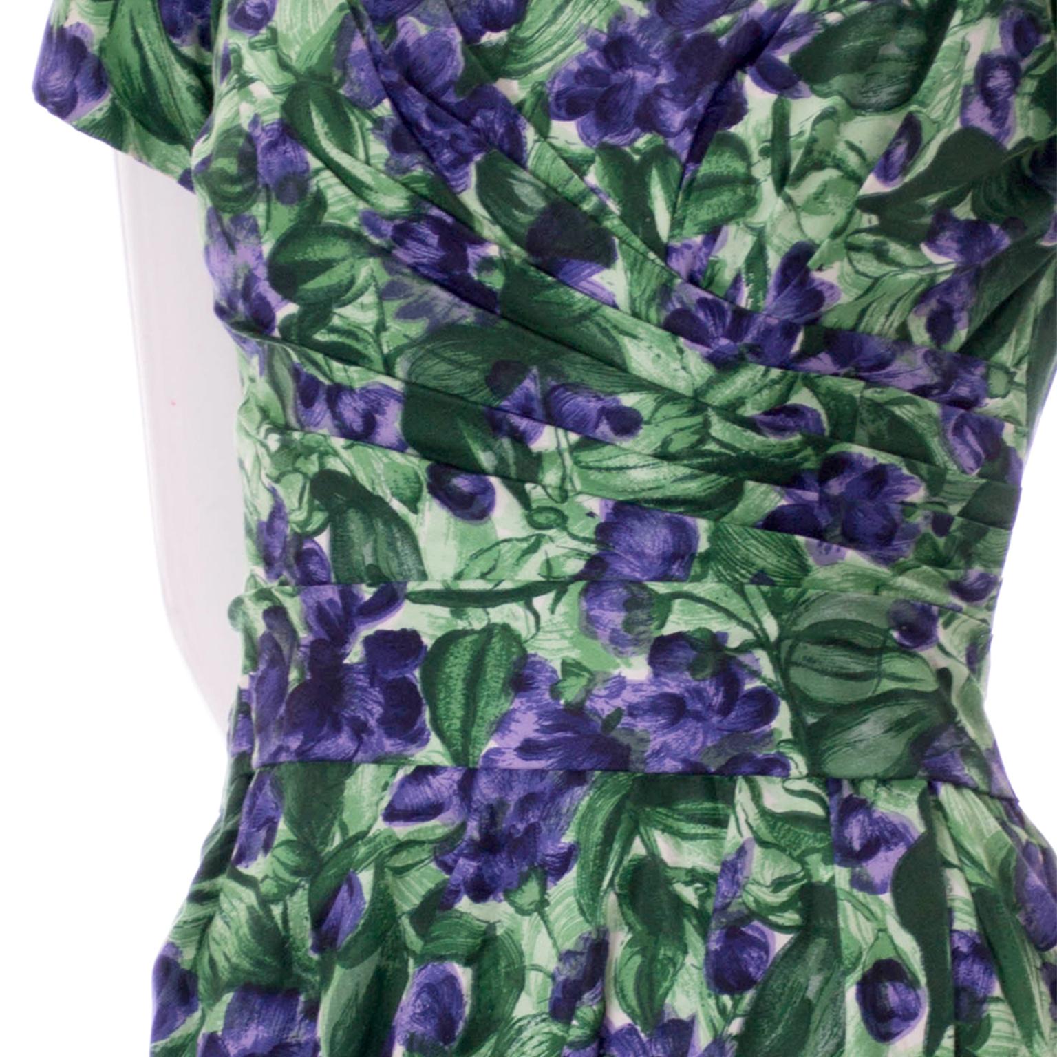 Women's Vintage Ceil Chapman 1950s Purple & Green Floral Dress W Ruching For Sale