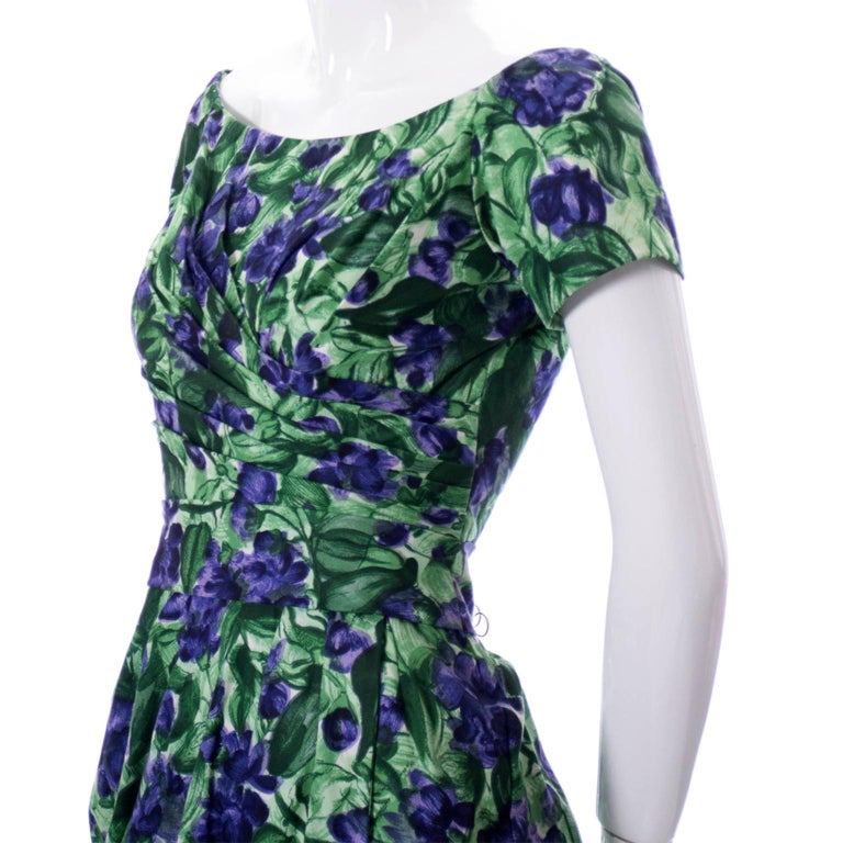 Vintage Ceil Chapman 1950s Purple & Green Floral Dress W Ruching For Sale 4