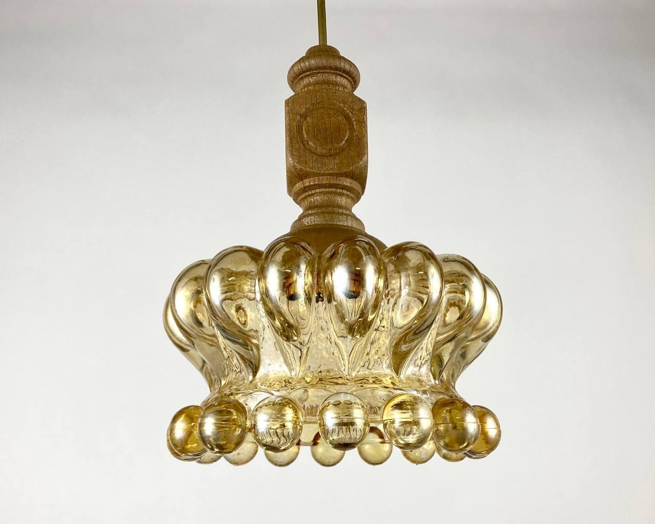 German Vintage Ceiling Chandelier  Unusual Glass And Wooden Hanging Lamp By ME Marbach For Sale