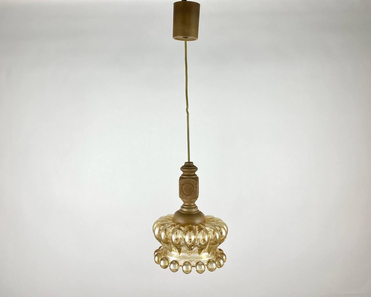 Hand-Crafted Vintage Ceiling Chandelier  Unusual Glass And Wooden Hanging Lamp By ME Marbach For Sale
