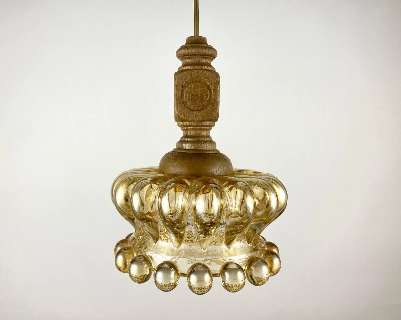 Vintage Ceiling Chandelier  Unusual Glass And Wooden Hanging Lamp By ME Marbach In Excellent Condition For Sale In Bastogne, BE