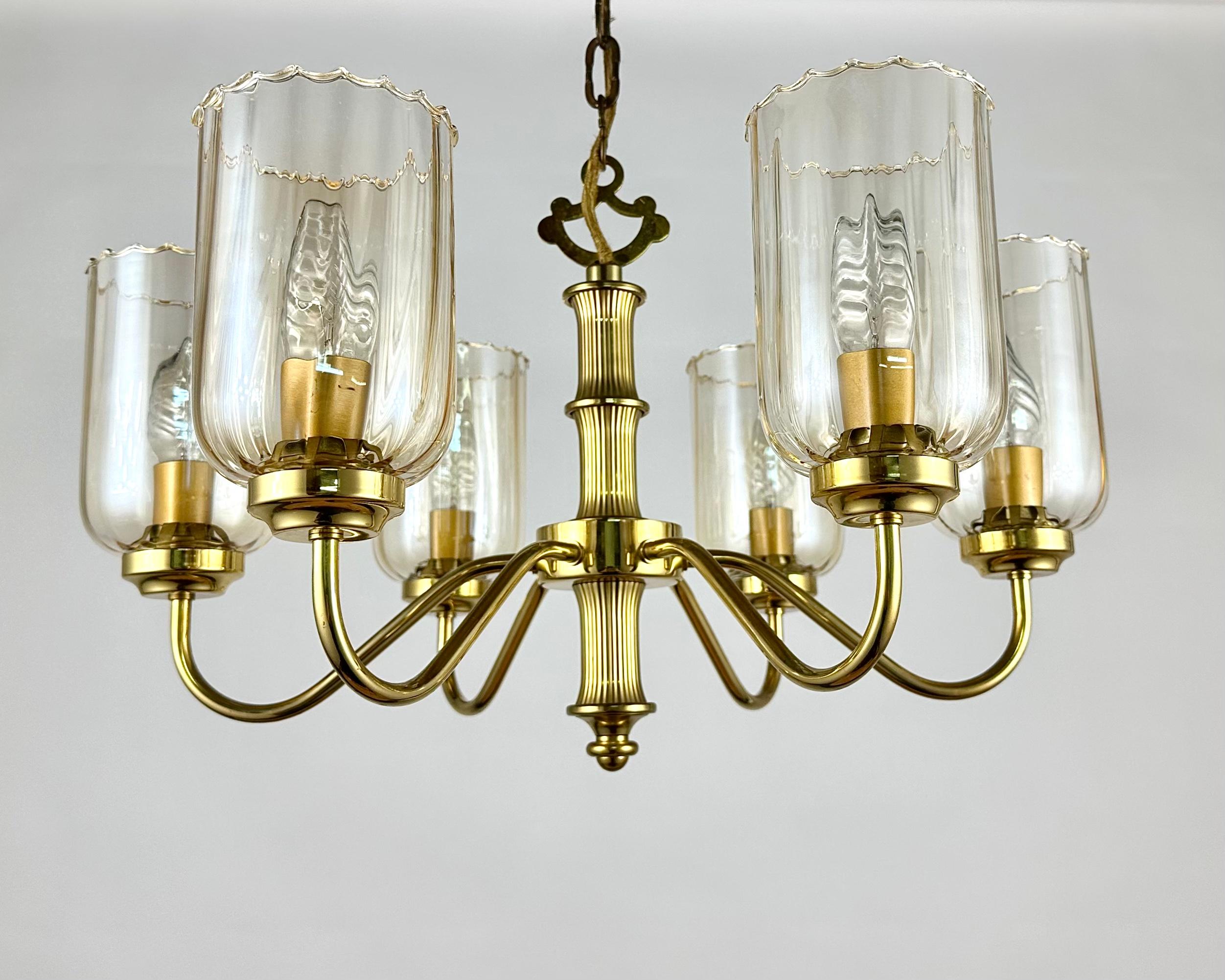 Vintage Ceiling Chandelier With Six Glass Lampshades, Germany, 1970s For Sale 5