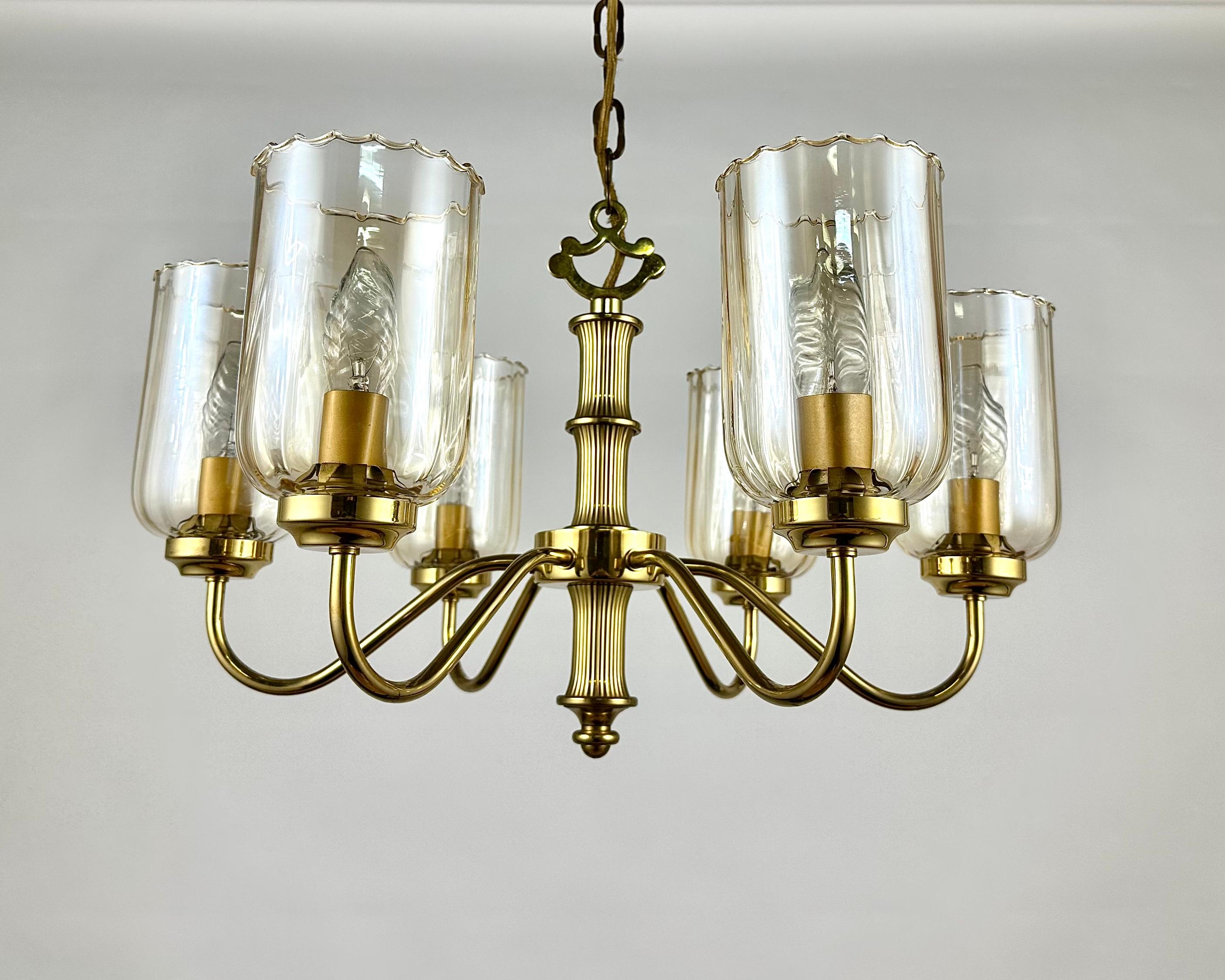 Vintage Ceiling Chandelier With Six Glass Lampshades, Germany, 1970s In Excellent Condition For Sale In Bastogne, BE