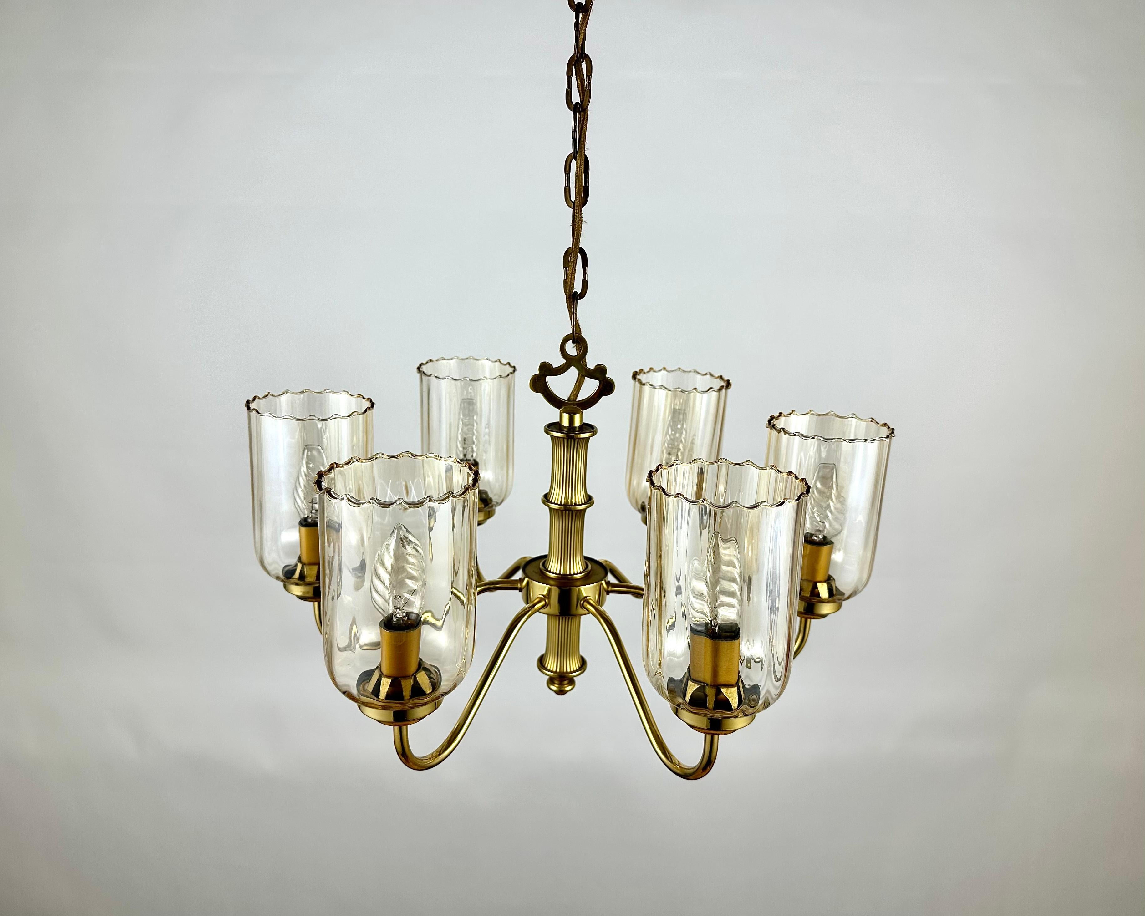 Late 20th Century Vintage Ceiling Chandelier With Six Glass Lampshades, Germany, 1970s For Sale
