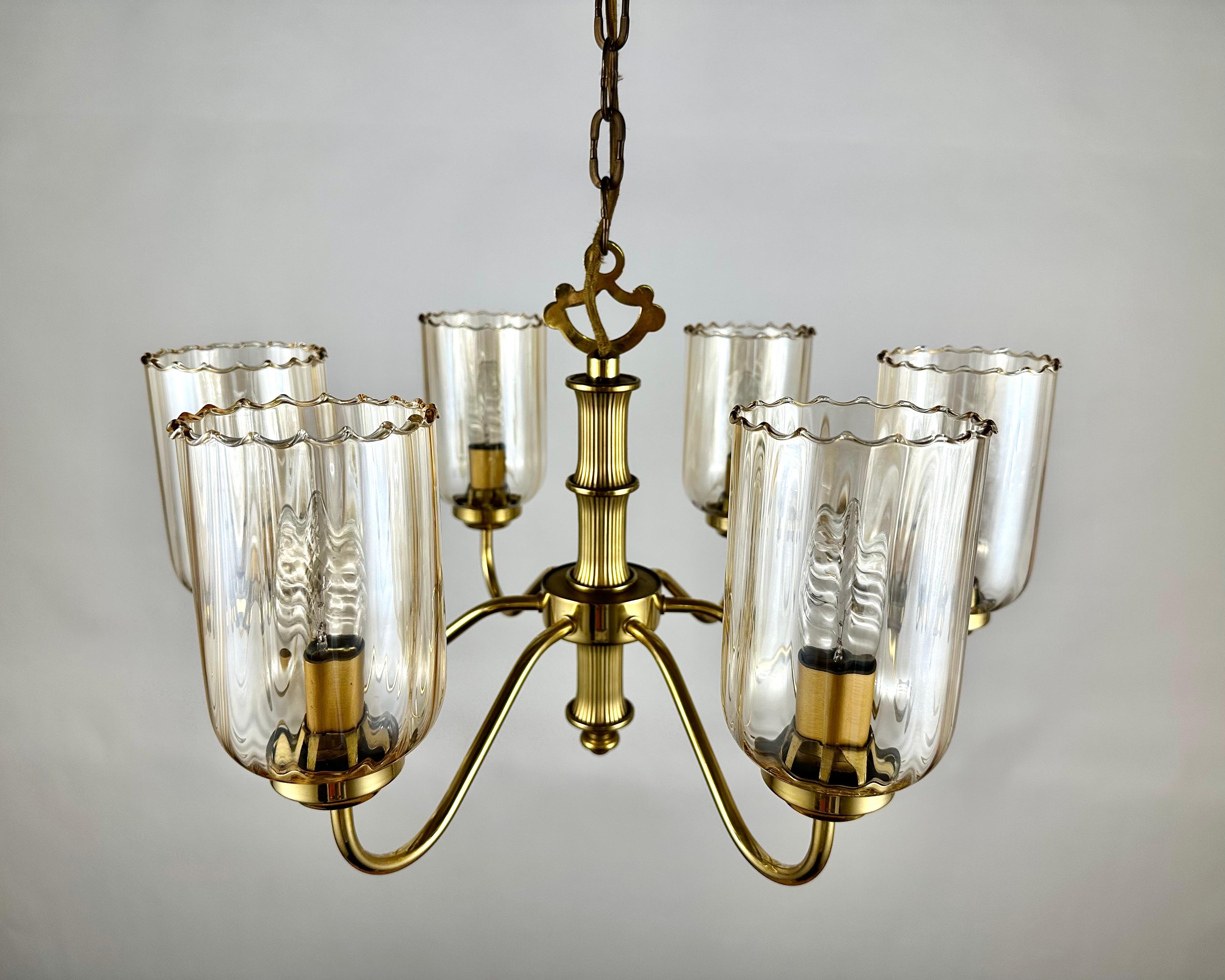 Brass Vintage Ceiling Chandelier With Six Glass Lampshades, Germany, 1970s For Sale