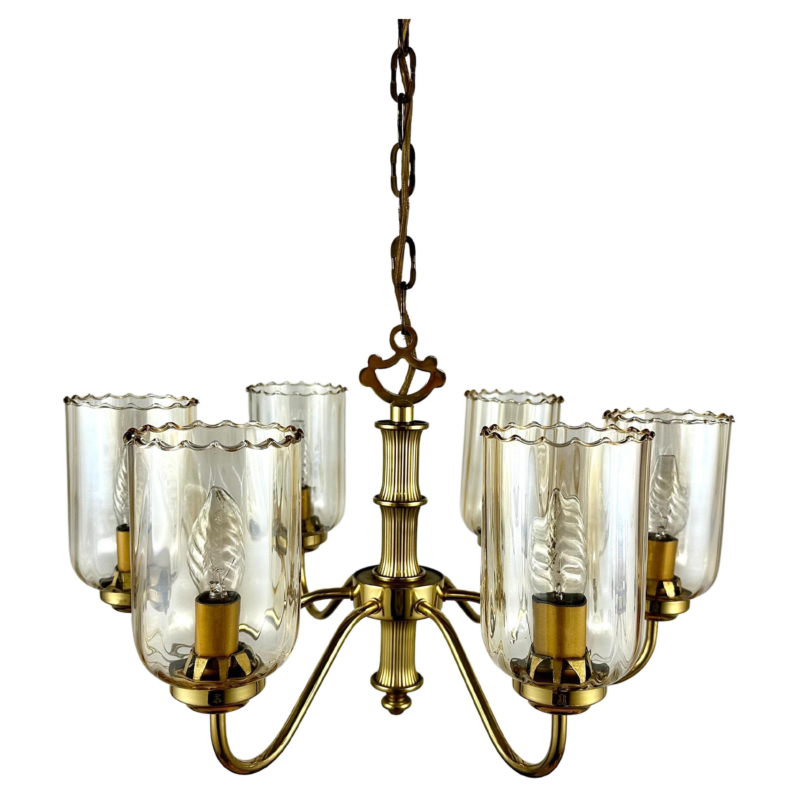 Vintage Ceiling Chandelier With Six Glass Lampshades, Germany, 1970s For Sale