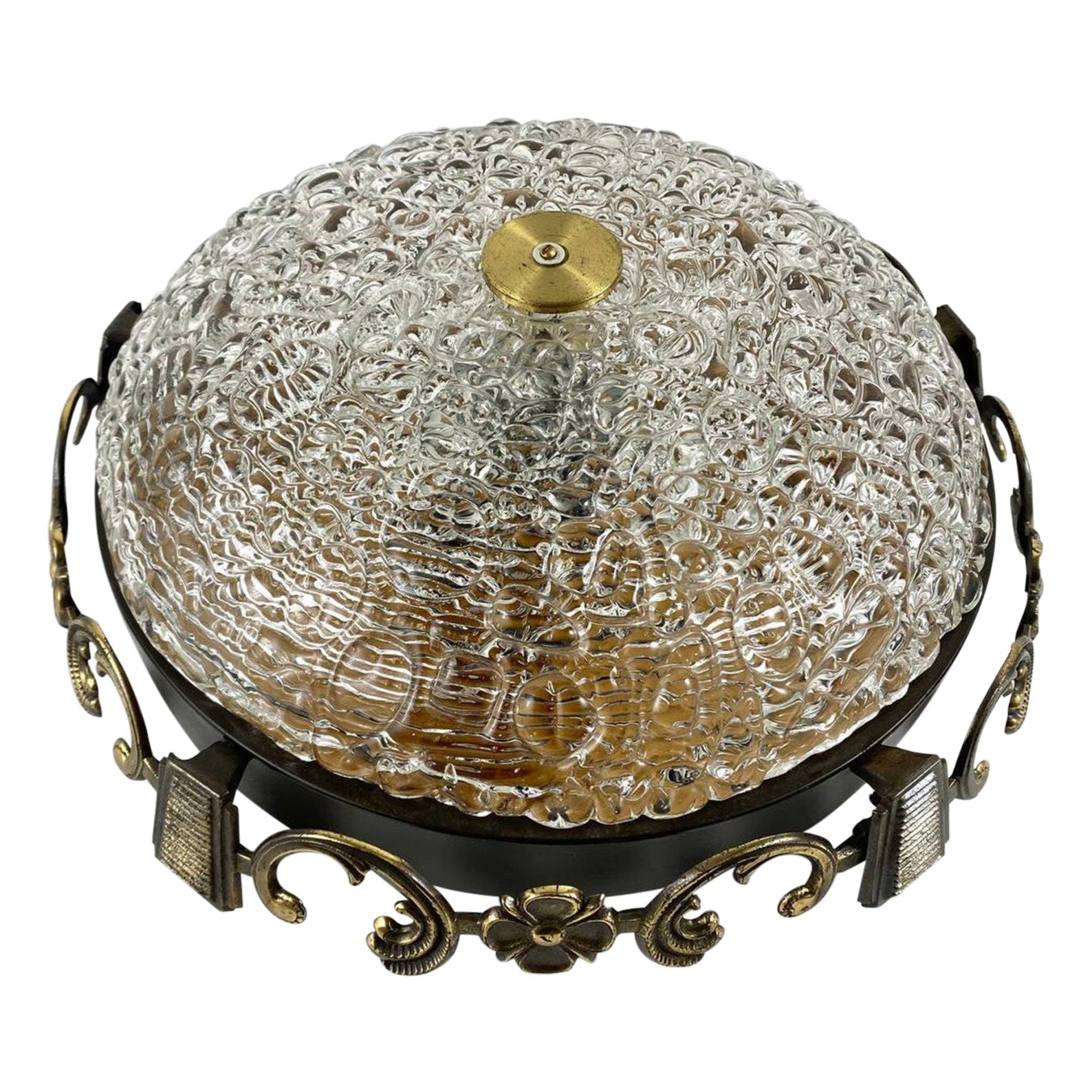 Vintage Ceiling Flush Mount in Brass and Carved Glass