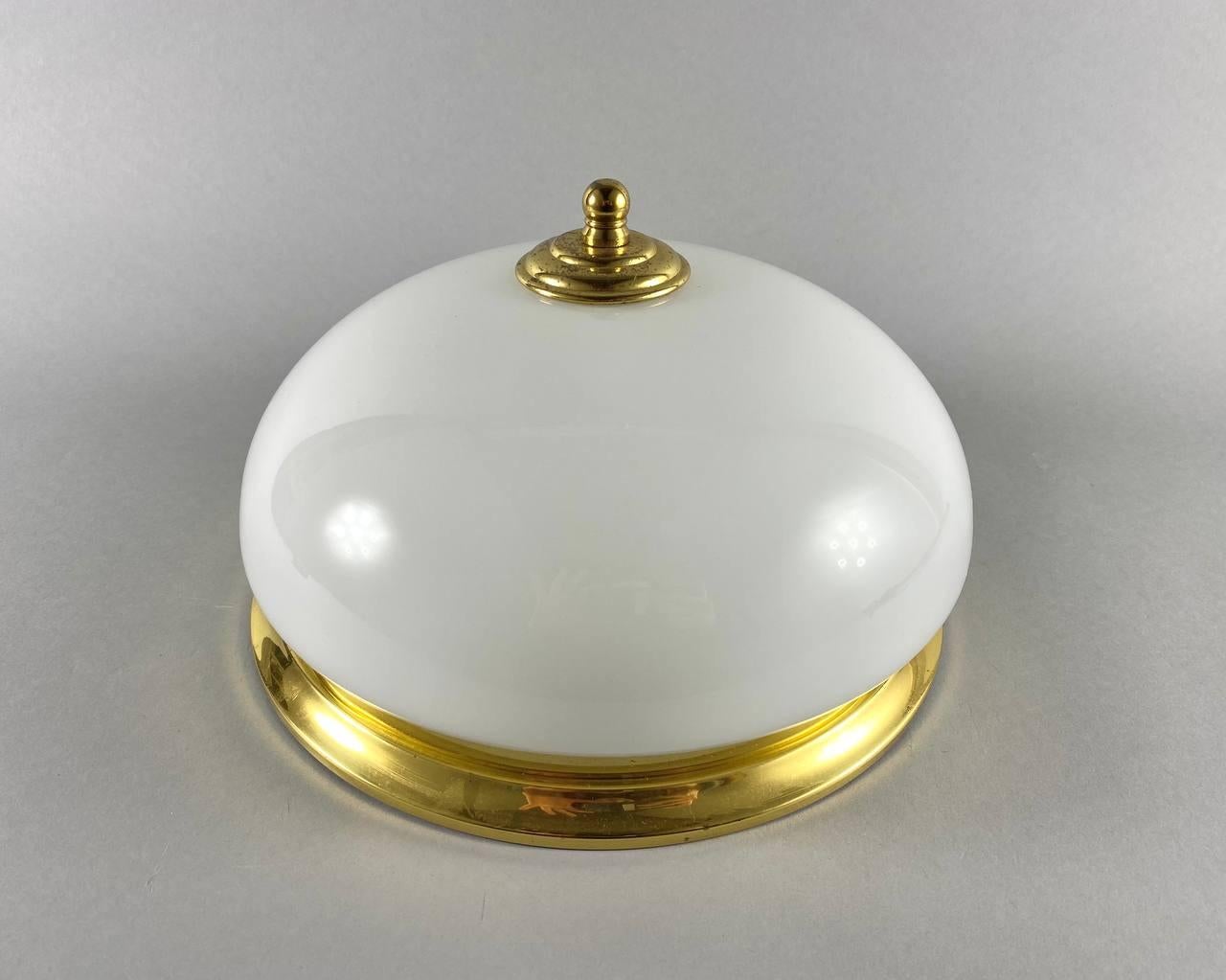 Vintage Ceiling Flush Mount Lamp with Opaline Glass Shade and Brass Fitting In Good Condition For Sale In Bastogne, BE