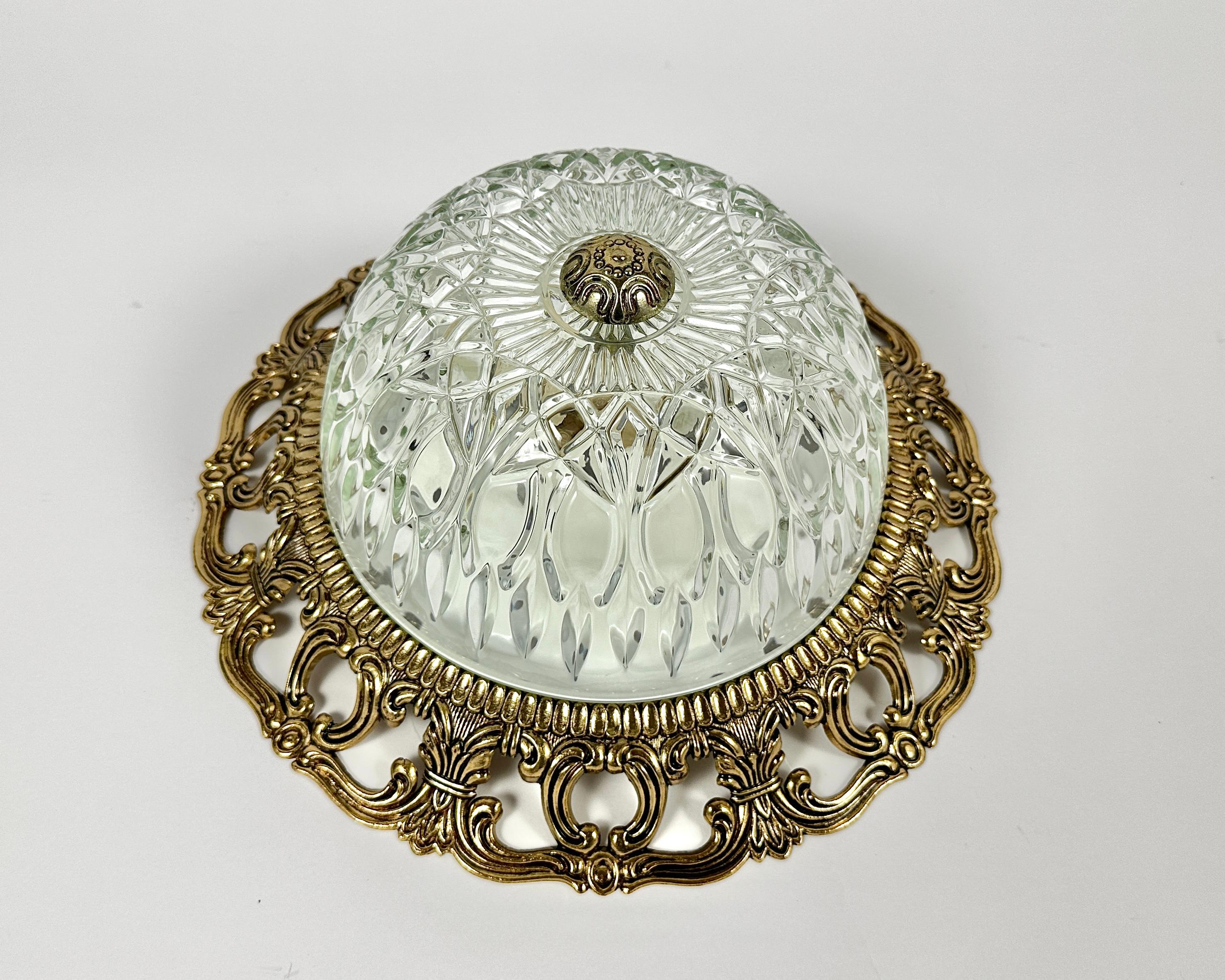 Beautiful Vintage Ceiling Lamp. Brass And Crystal Flush Mount Fixture by Massive, Belgian Manufacturer.

  A lamp is a light source that should be in every home.

This item of lighting is used in bedrooms, living rooms, kitchens as well as in other