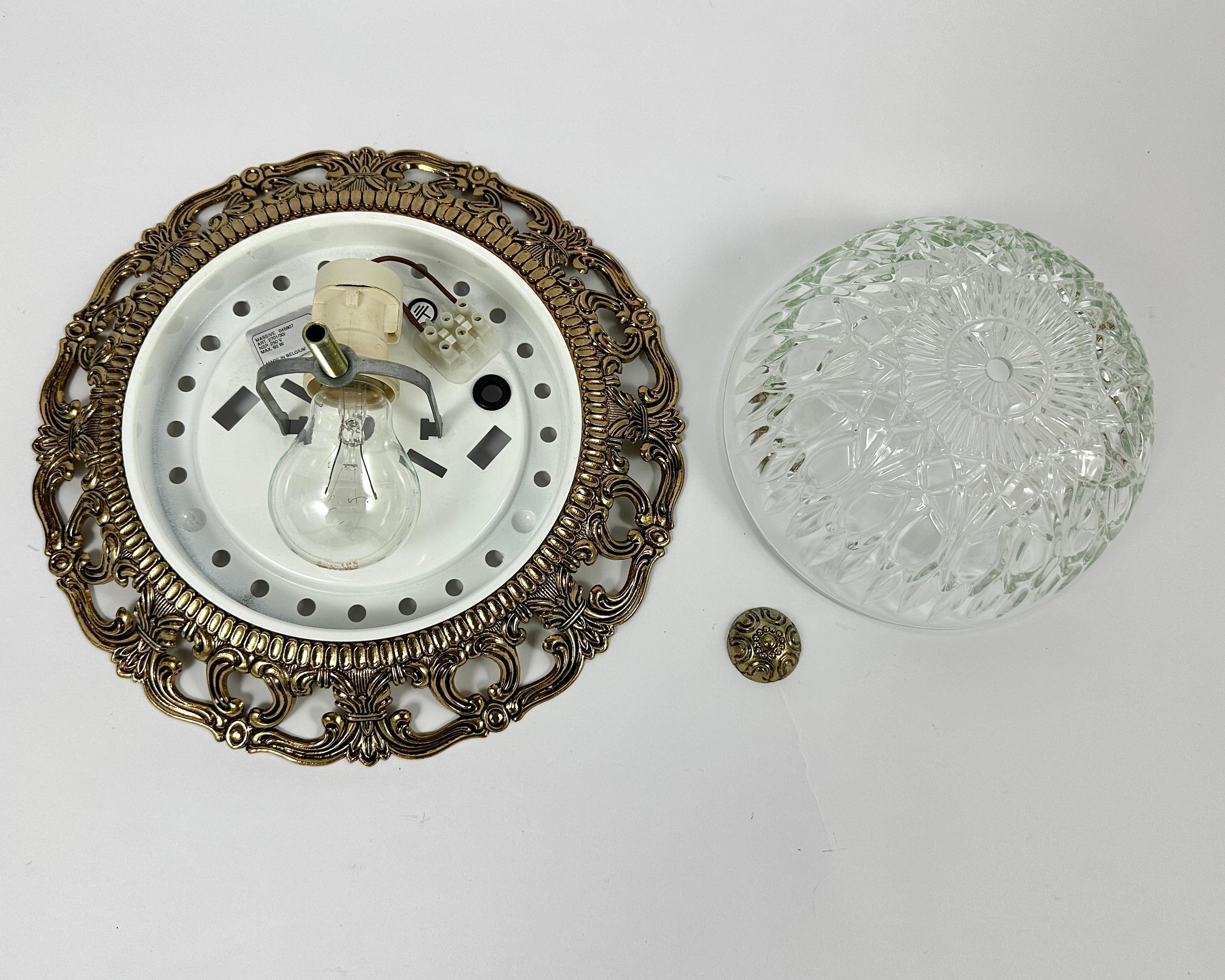 Mid-Century Modern Vintage Ceiling Lamp Flush Mount Crystal Light Fixture with Brass Trim, Massive