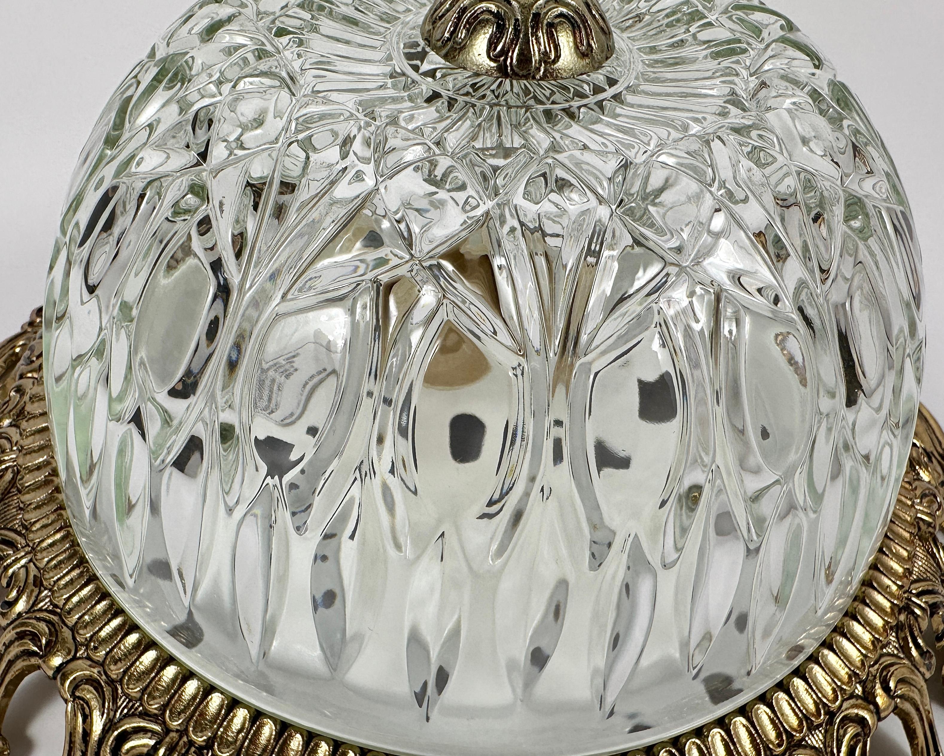 Late 20th Century Vintage Ceiling Lamp Flush Mount Crystal Light Fixture with Brass Trim, Massive