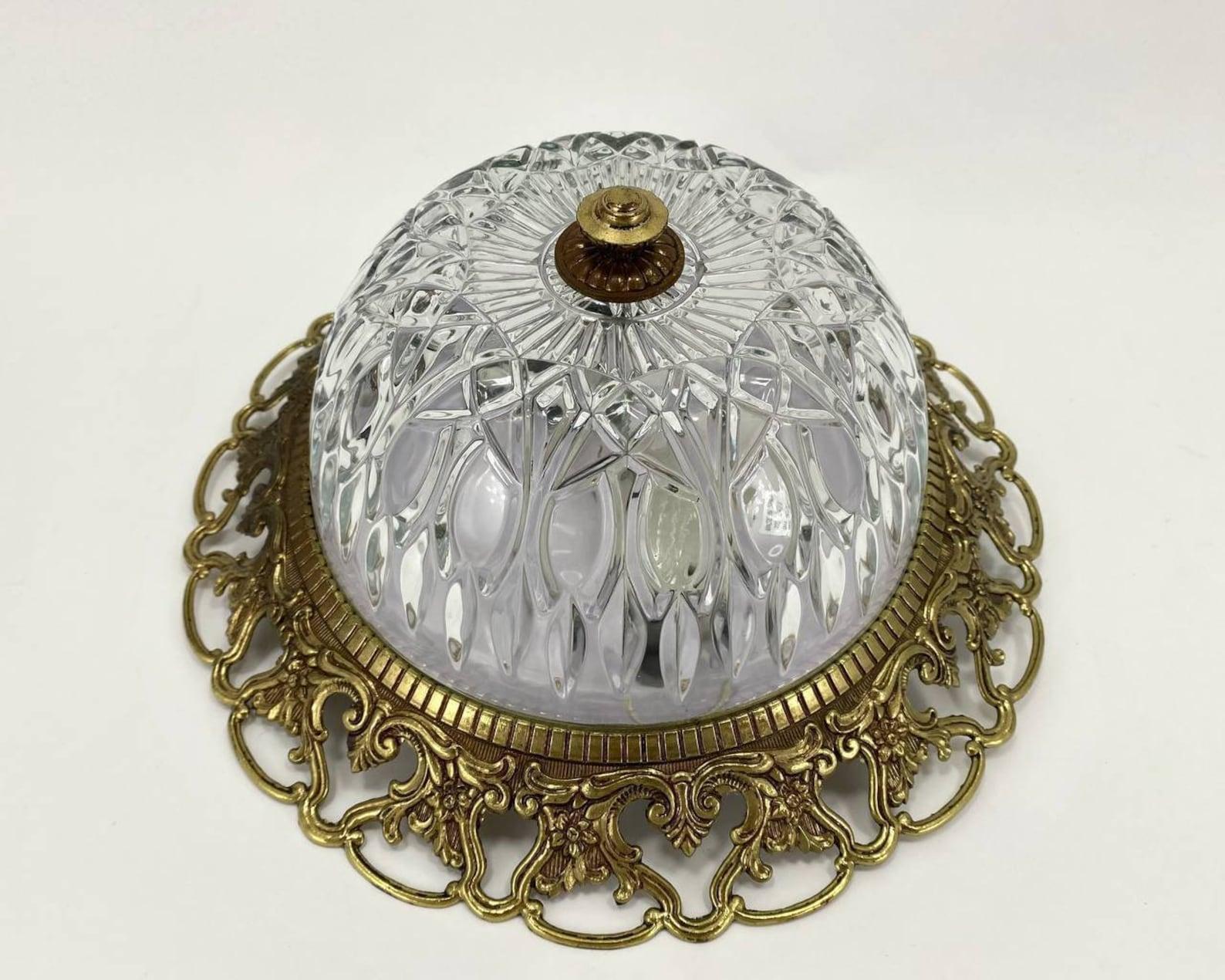 Vintage Ceiling Lamp from Spain Made of Brass and Pressed Crystal For Sale 1