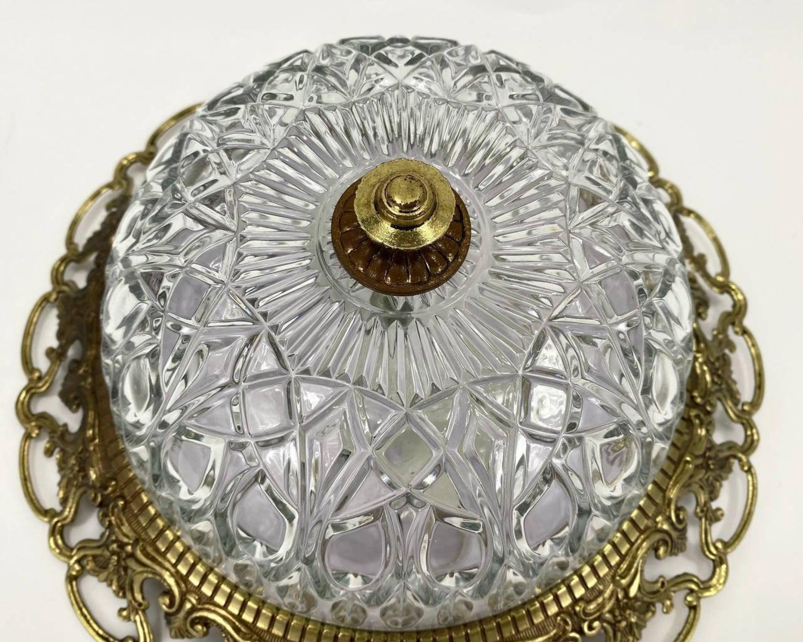 Vintage Ceiling Lamp from Spain Made of Brass and Pressed Crystal For Sale 2