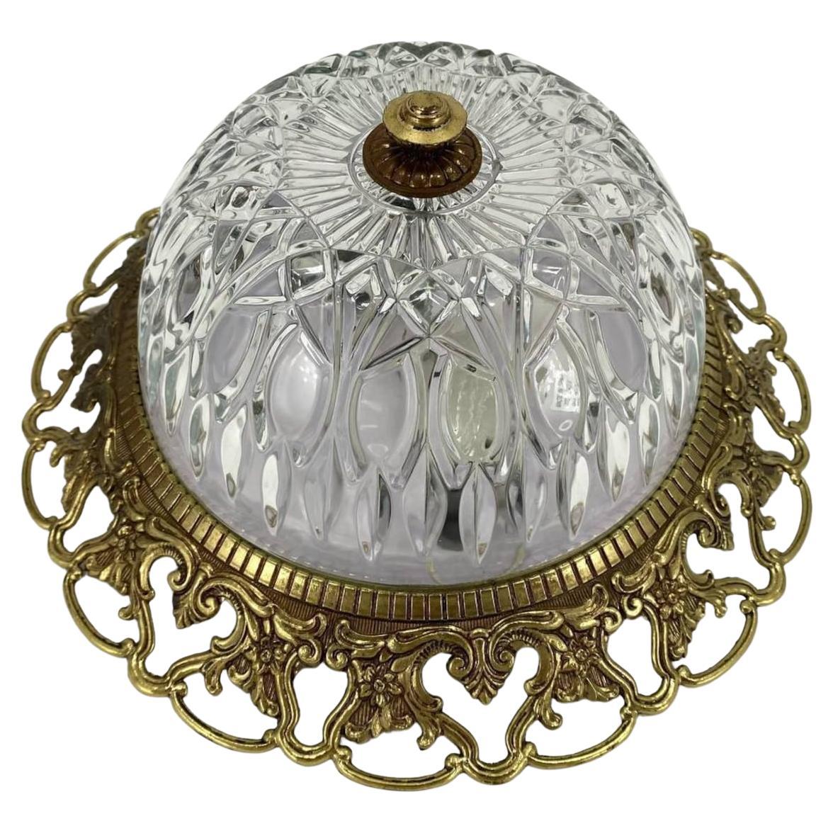 Vintage Ceiling Lamp from Spain Made of Brass and Pressed Crystal For Sale