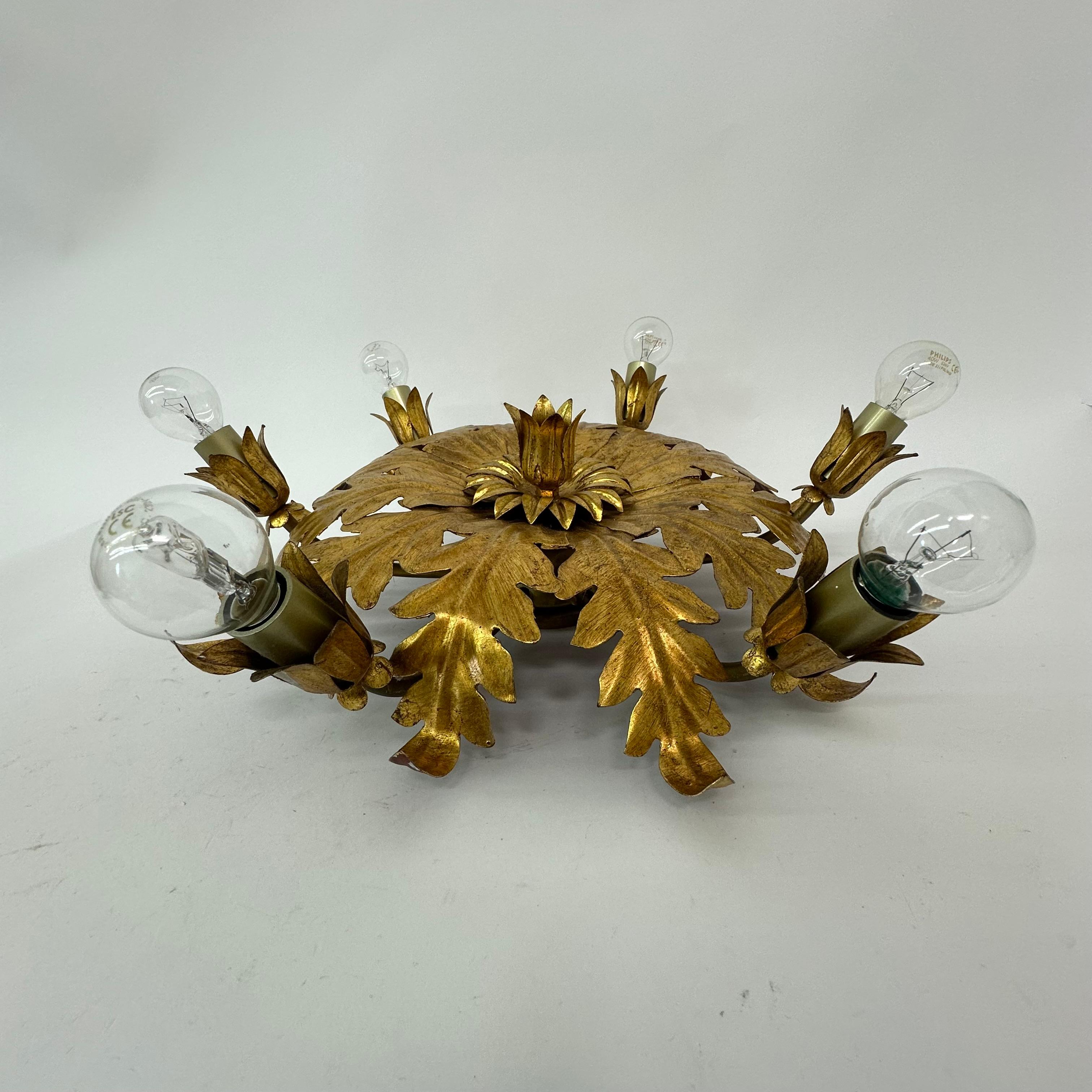 Vintage ceiling lamp leaf gold gilded , 1970s 4