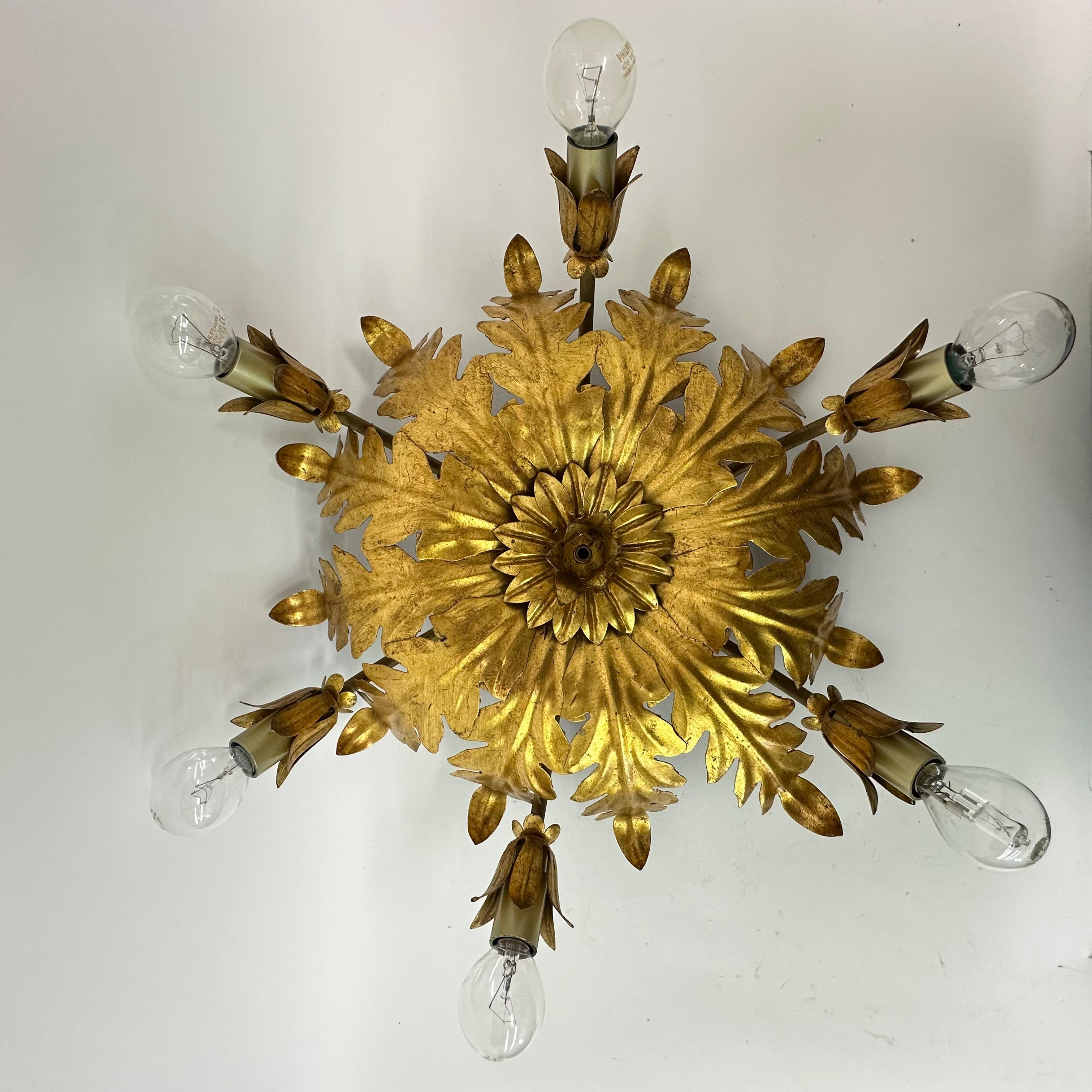 Vintage ceiling lamp leaf gold gilded , 1970s 7