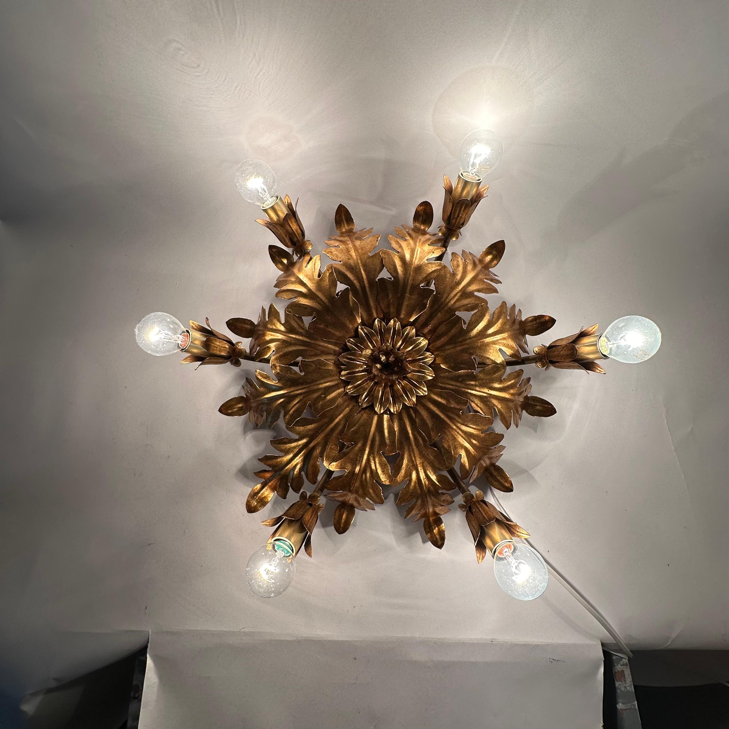 Vintage ceiling lamp leaf gold gilded , 1970s 8