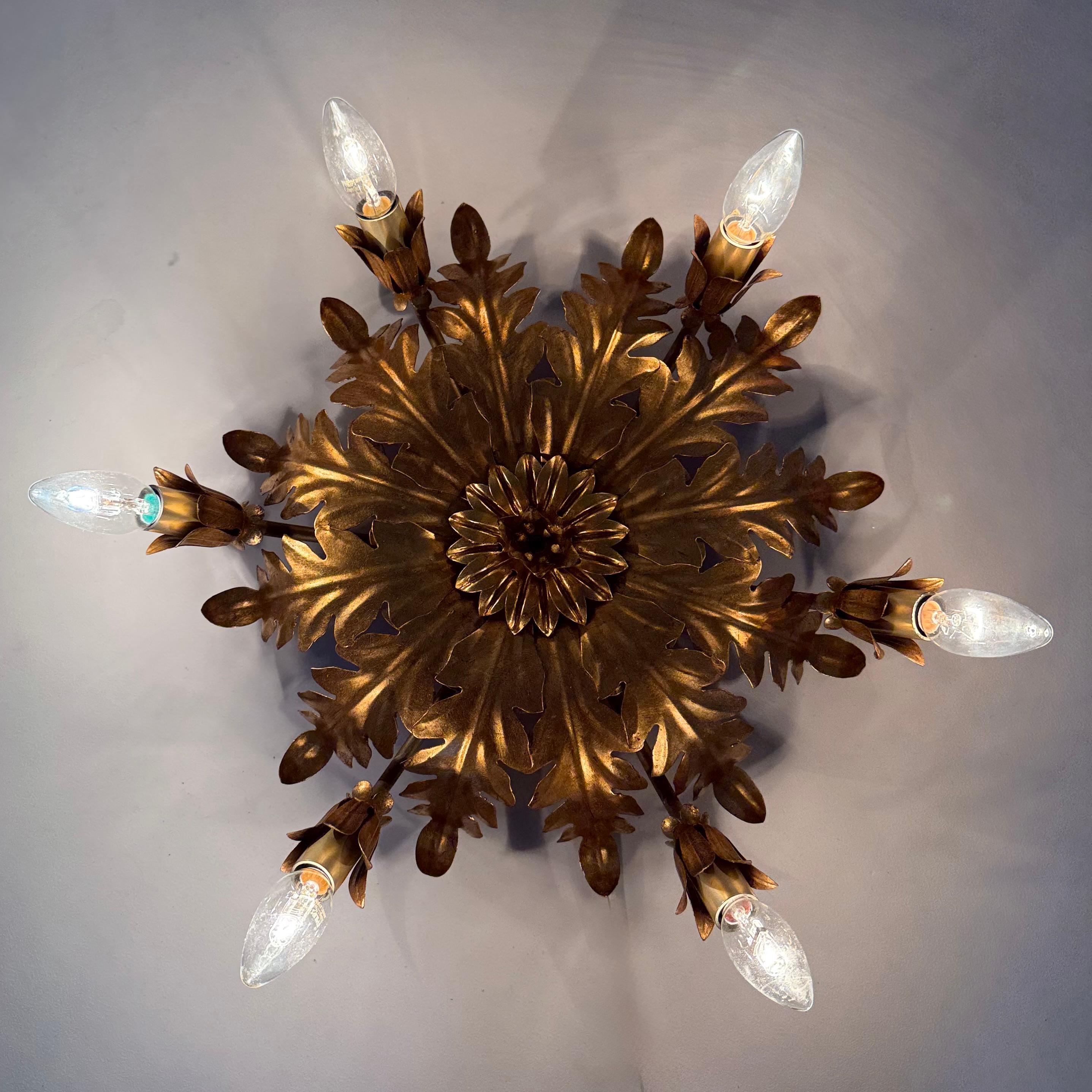 Mid-Century Modern Vintage ceiling lamp leaf gold gilded , 1970s For Sale
