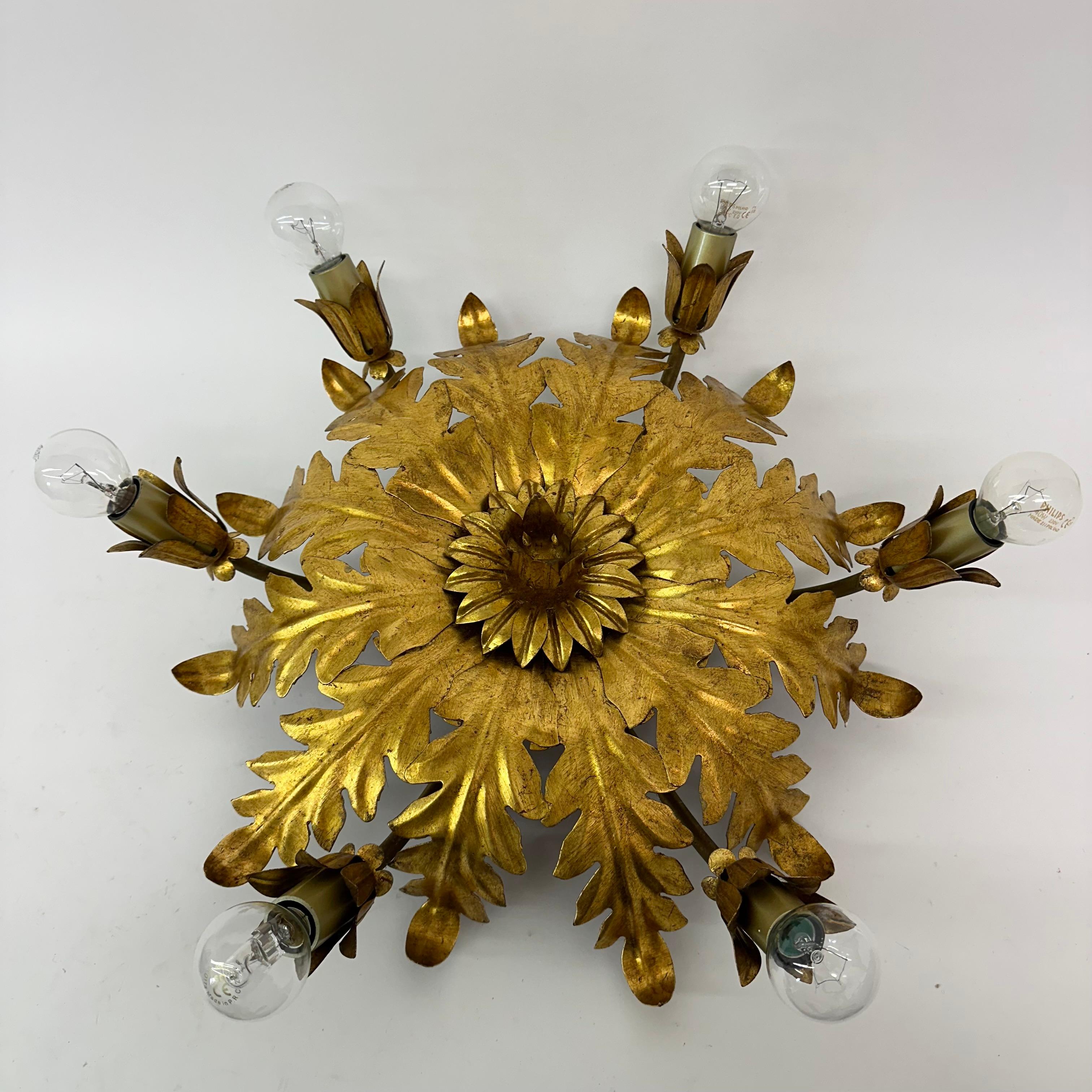 Italian Vintage ceiling lamp leaf gold gilded , 1970s