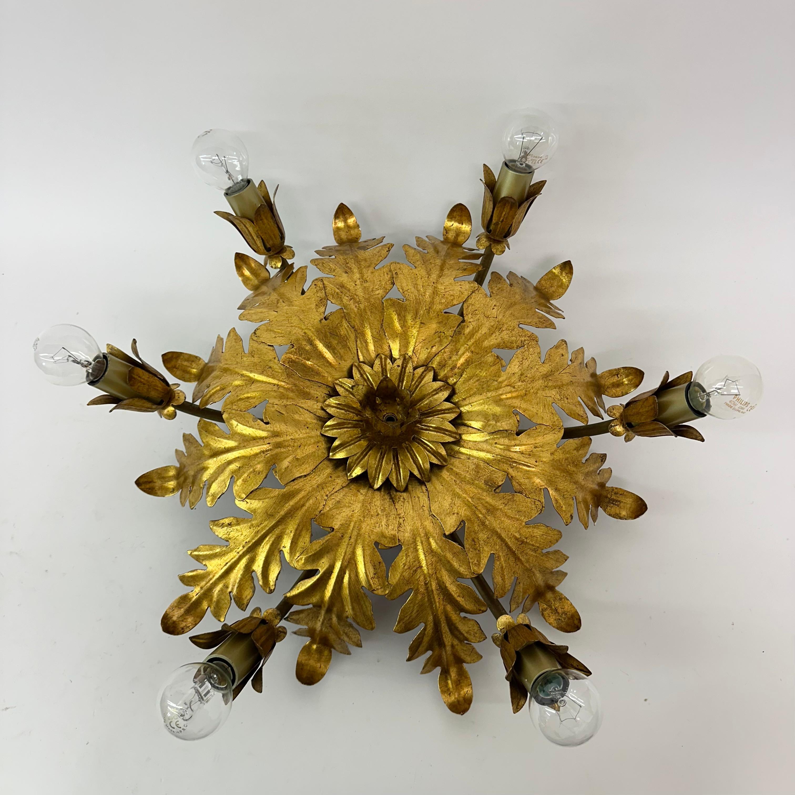 Vintage ceiling lamp leaf gold gilded , 1970s In Good Condition In Delft, NL