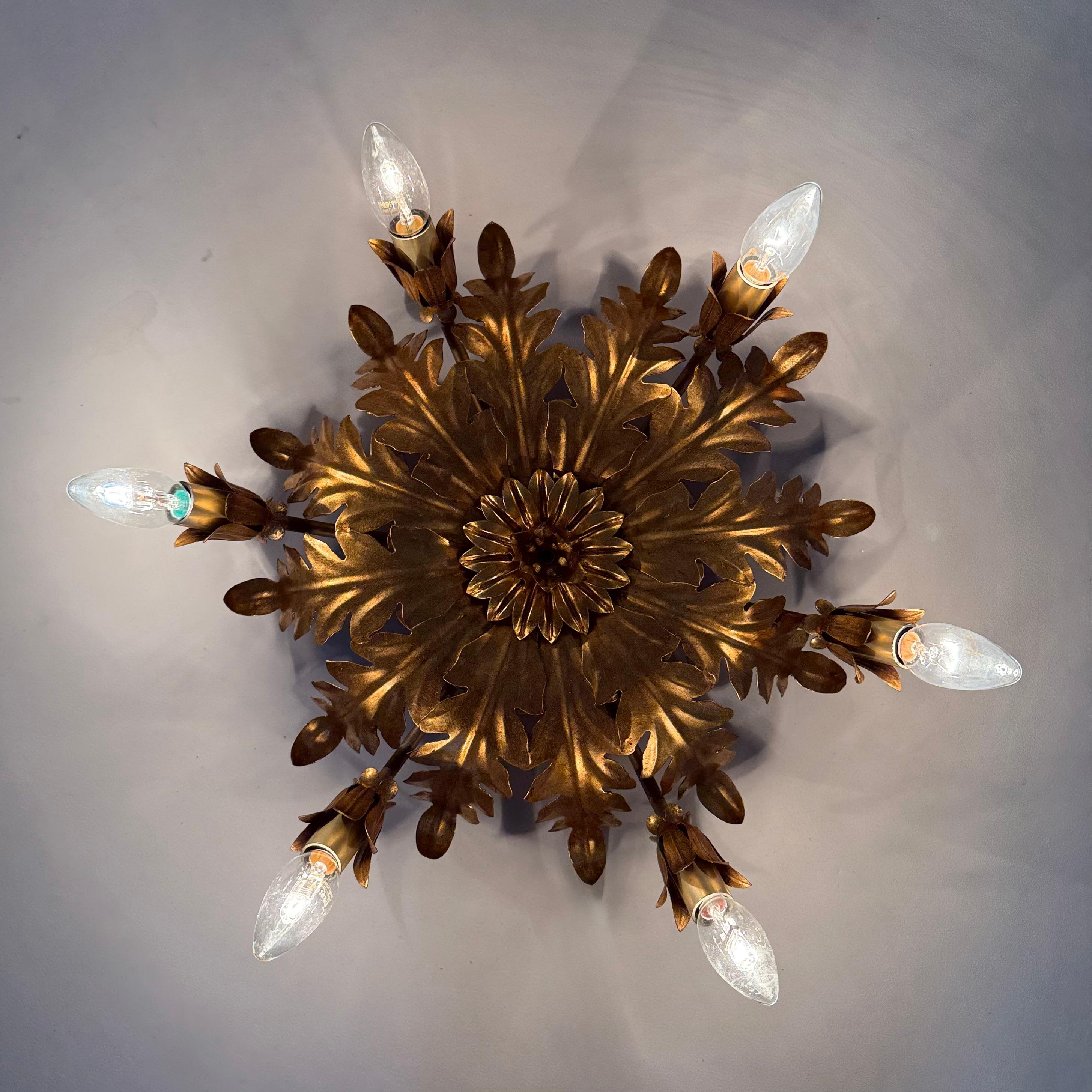Late 20th Century Vintage ceiling lamp leaf gold gilded , 1970s For Sale