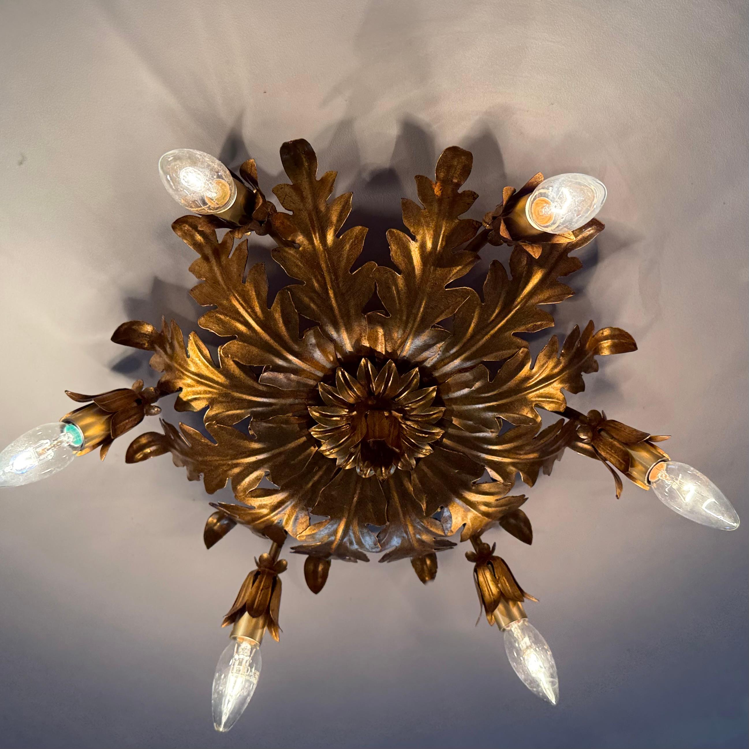 Metal Vintage ceiling lamp leaf gold gilded , 1970s For Sale