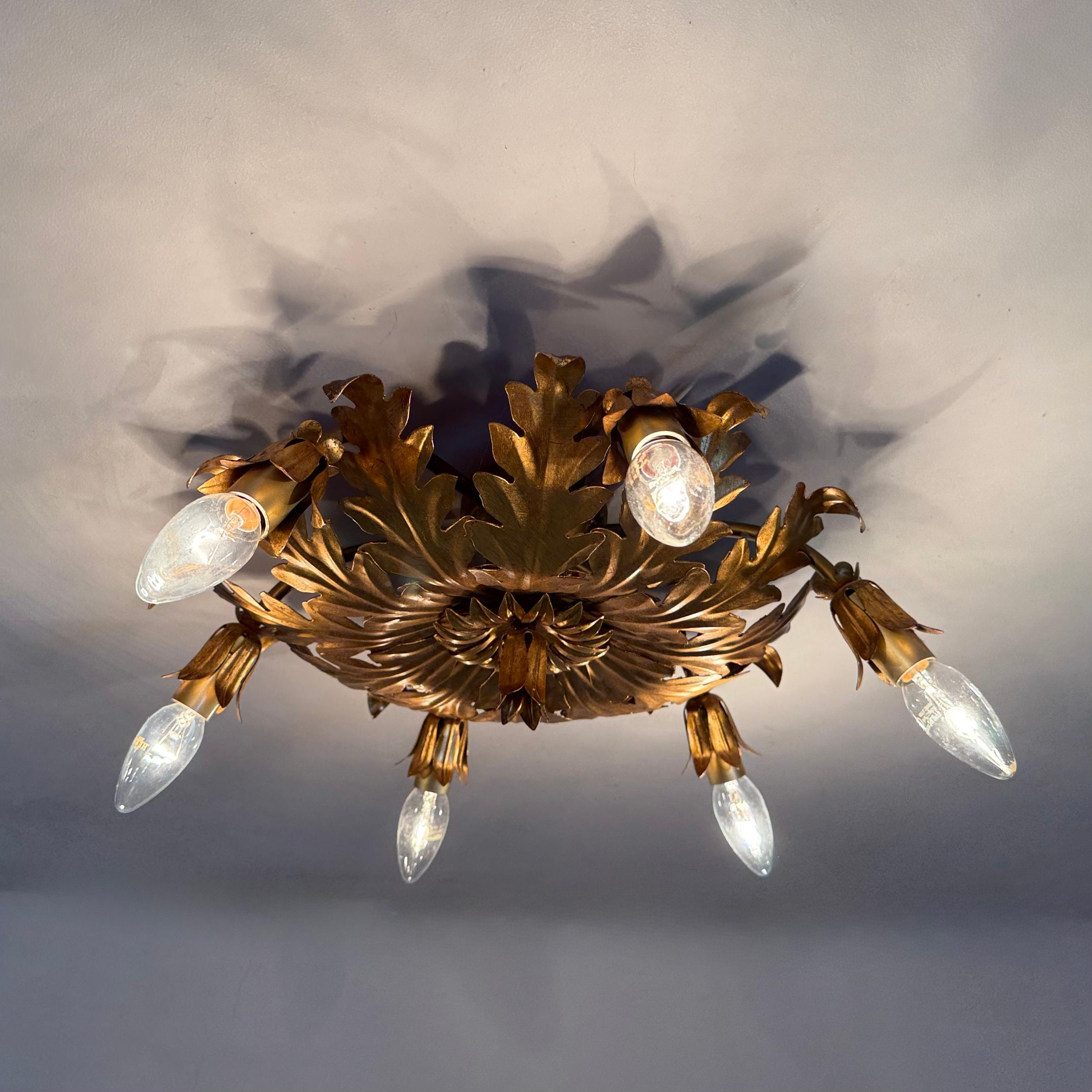 Vintage ceiling lamp leaf gold gilded , 1970s For Sale 1