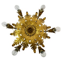 Vintage ceiling lamp leaf gold gilded , 1970s