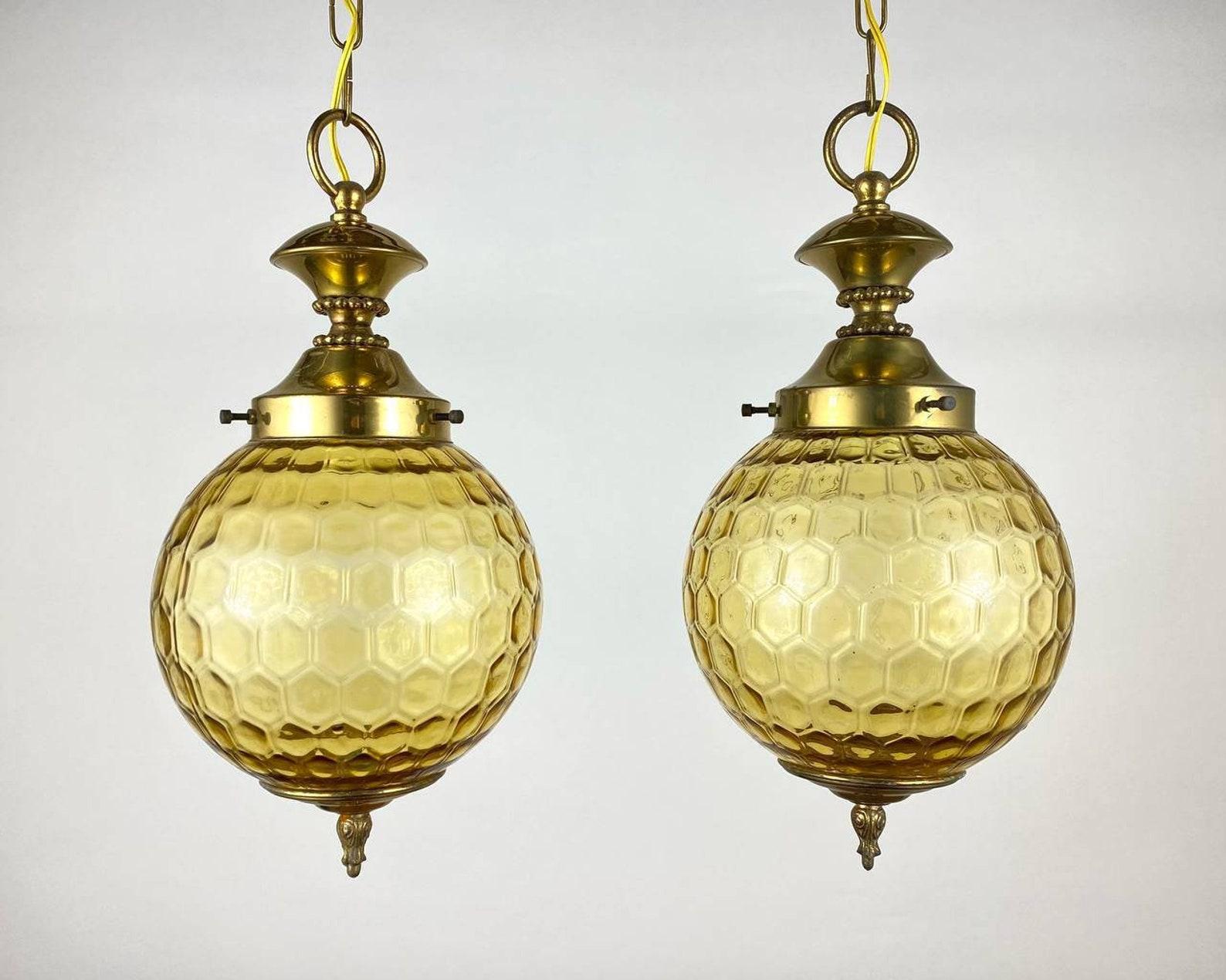 Neoclassical Vintage Ceiling Lamp or Lantern Gilt Brass and Textured Glass Suspention For Sale