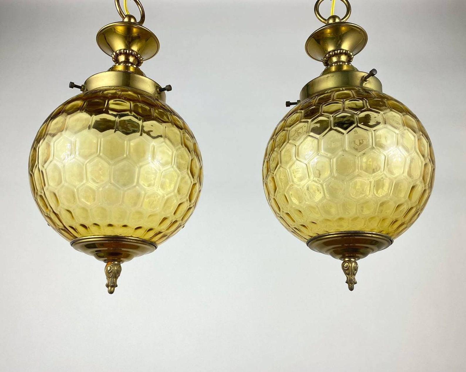 Belgian Vintage Ceiling Lamp or Lantern Gilt Brass and Textured Glass Suspention For Sale