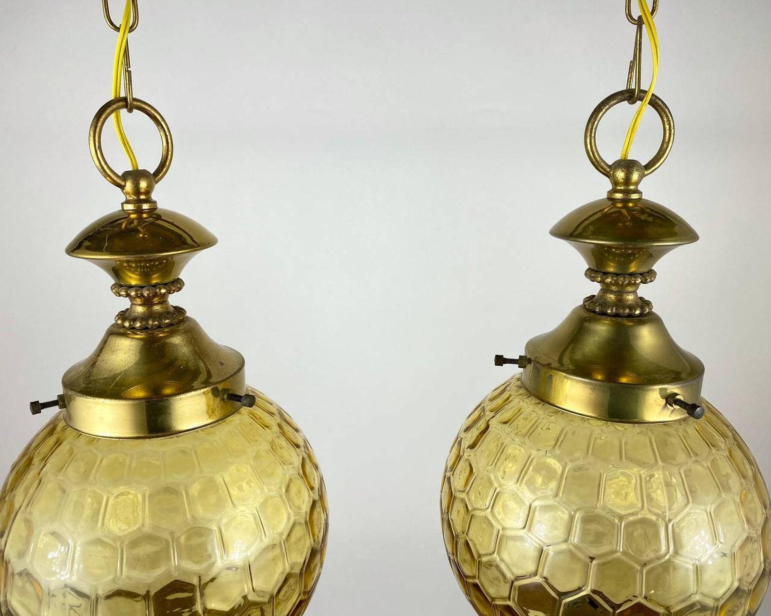 Hand-Crafted Vintage Ceiling Lamp or Lantern Gilt Brass and Textured Glass Suspention For Sale