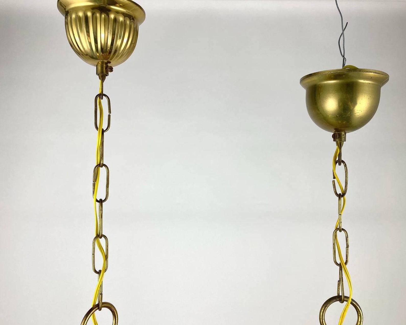 Vintage Ceiling Lamp or Lantern Gilt Brass and Textured Glass Suspention In Excellent Condition For Sale In Bastogne, BE