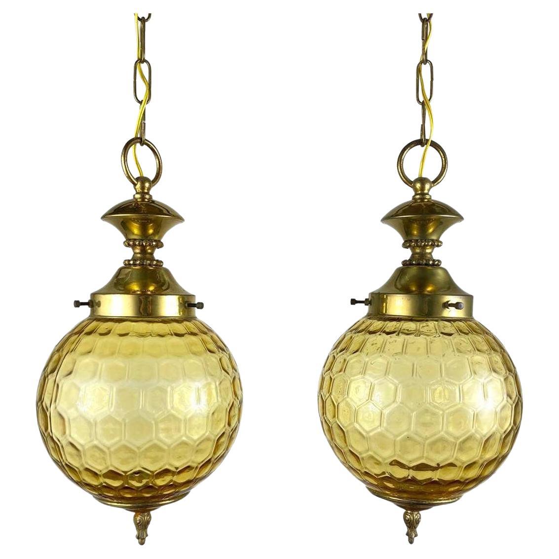 Vintage Ceiling Lamp or Lantern Gilt Brass and Textured Glass Suspention For Sale