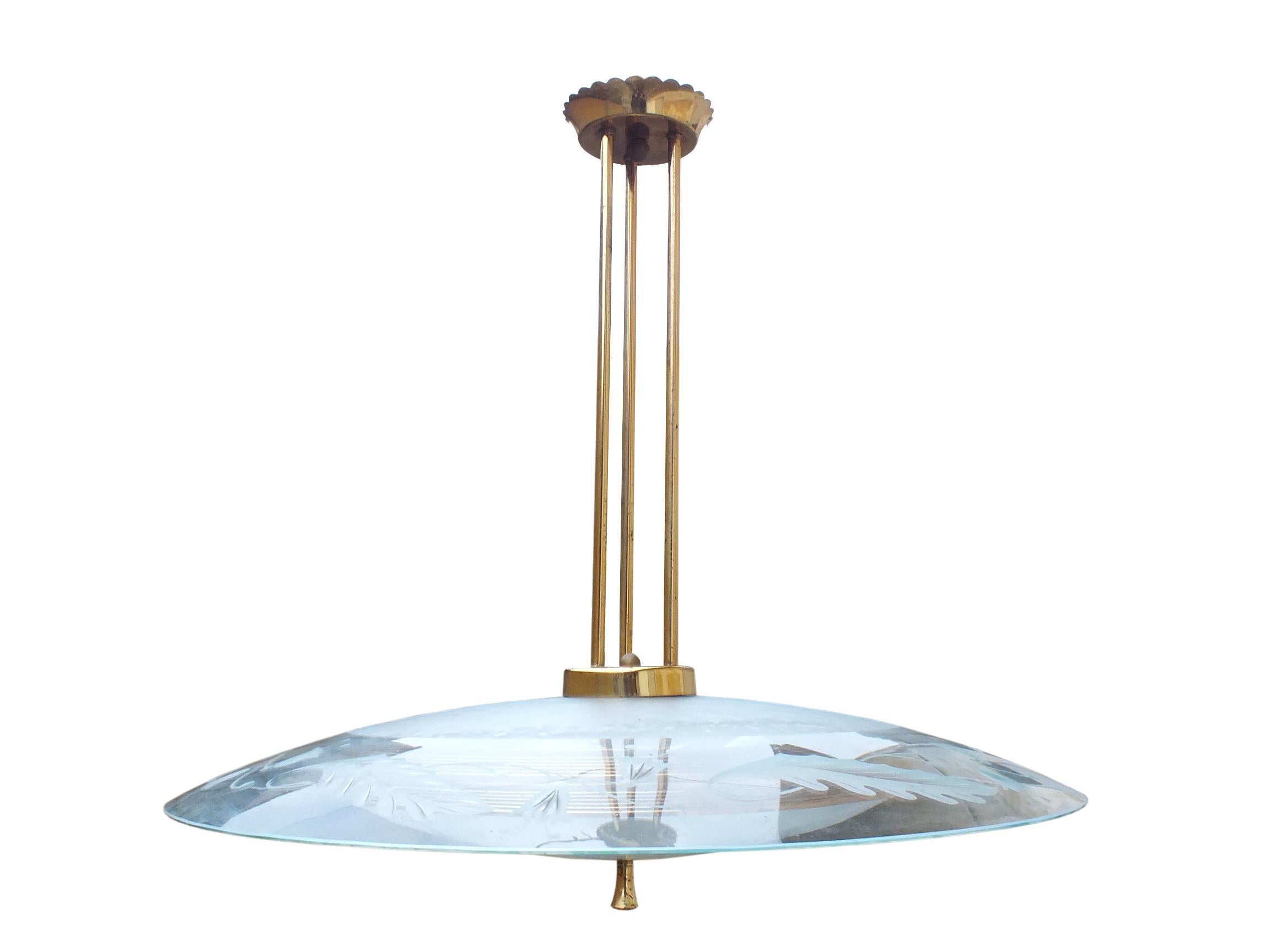 Milieu du XXe siècle Lampe attribuée à Pietro Chiesa, verre gravé pré-ère spatiale, Fontana Arte Italie en vente
