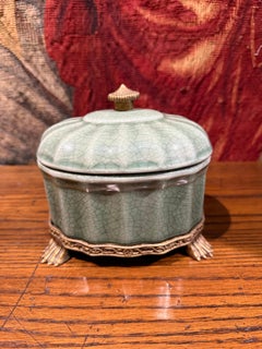 Vintage Celadon Crackle Glazed Lidded Jar with Lion's Paw Feet, 1900s