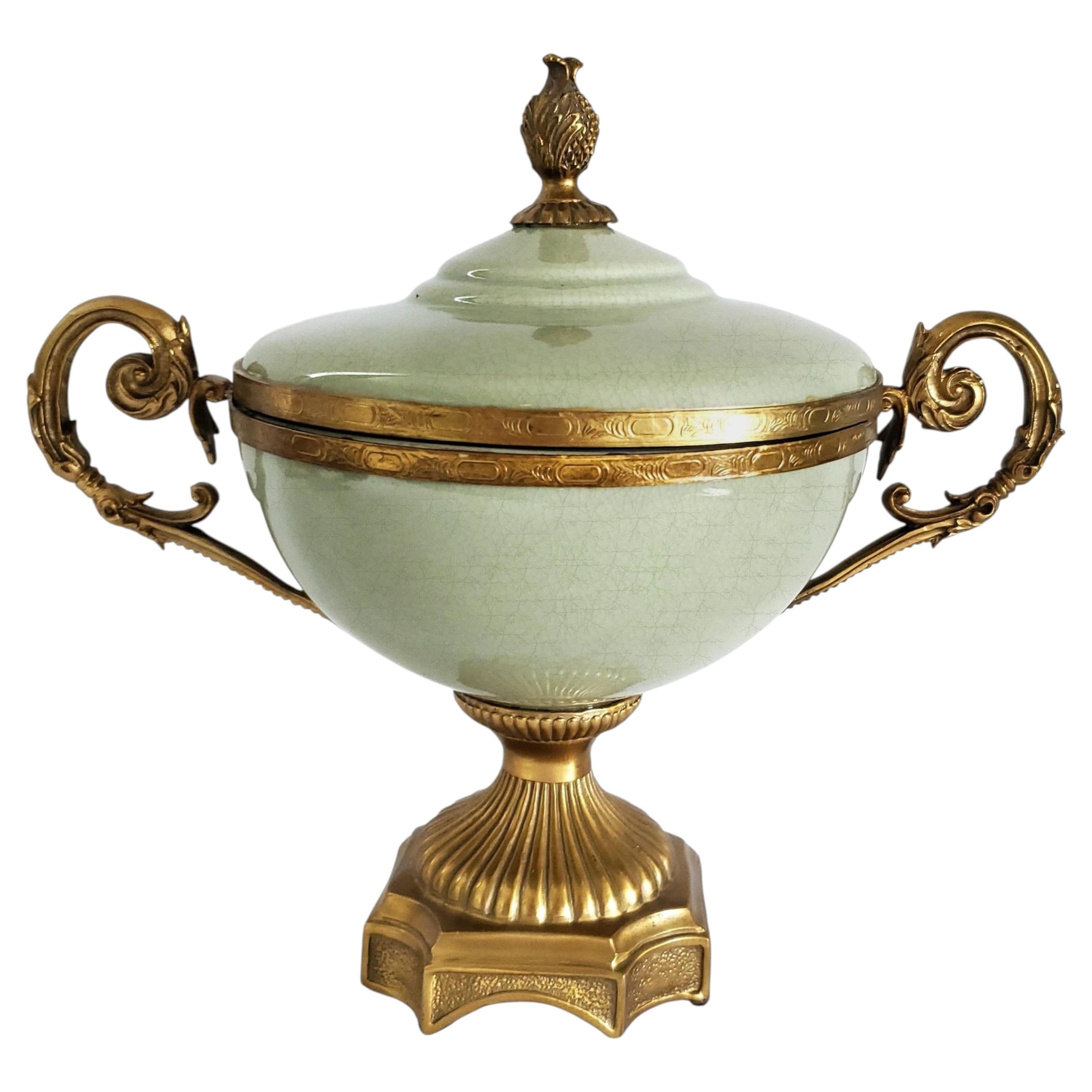 Vintage Celadon Green Porcelain & Brass Ormolu Urn, 1970s