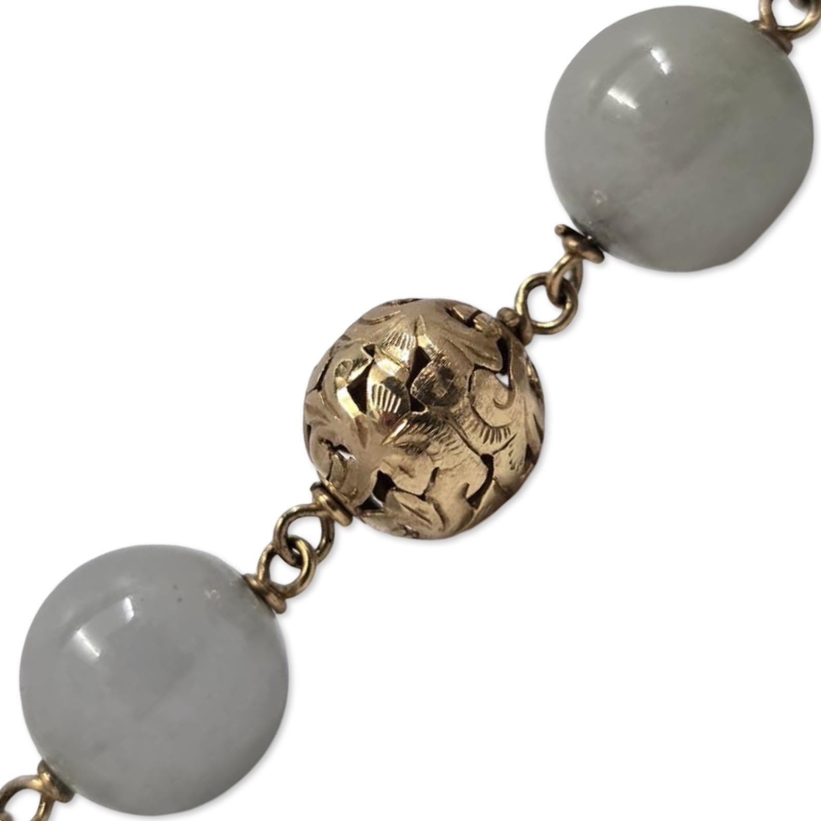 Vintage Celadon Jadeit & Hand-geschnitzt 14K Gold Filigran Perle Halskette 26 Zoll im Angebot 7