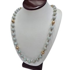 Vintage Celadon Jadeite & Hand-Carved 14K Gold Filigree Bead Necklace 26 Inch