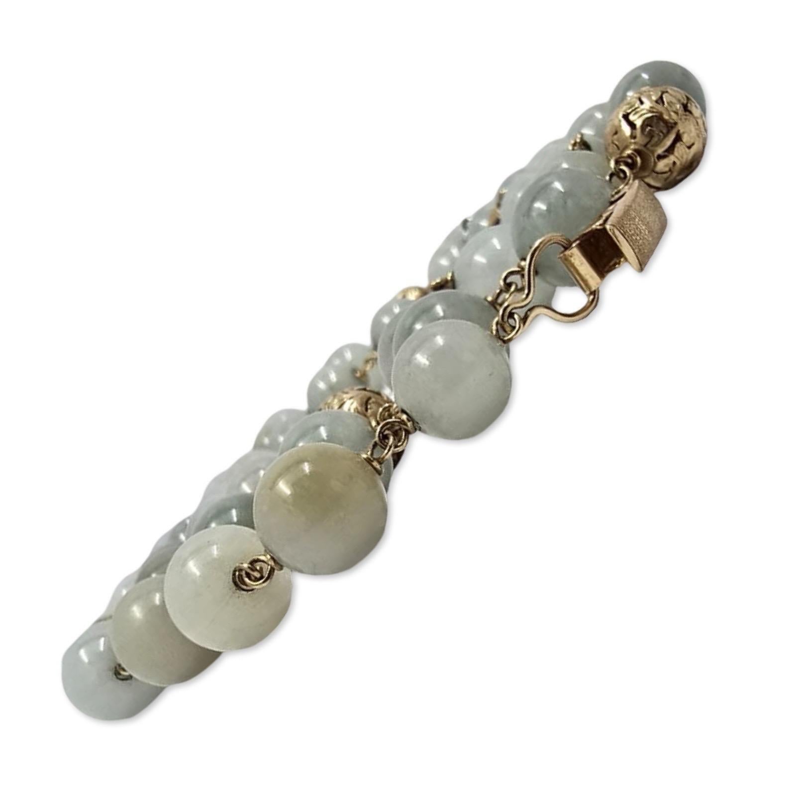 Vintage Celadon Jadeit & Hand-geschnitzt 14K Gold Filigran Perle Halskette 26 Zoll im Angebot 2