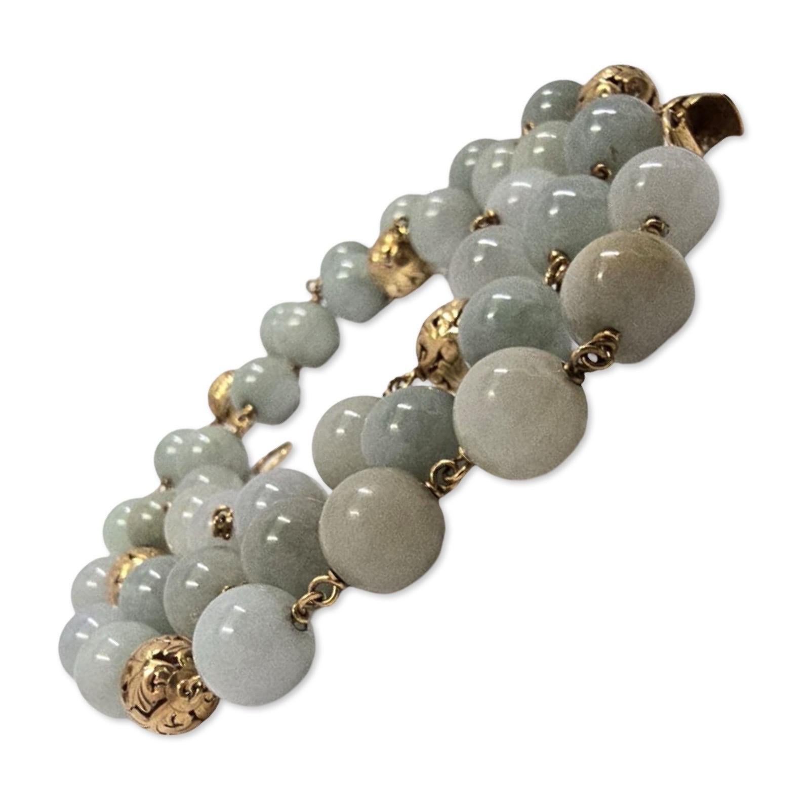 Vintage Celadon Jadeit & Hand-geschnitzt 14K Gold Filigran Perle Halskette 26 Zoll im Angebot 3