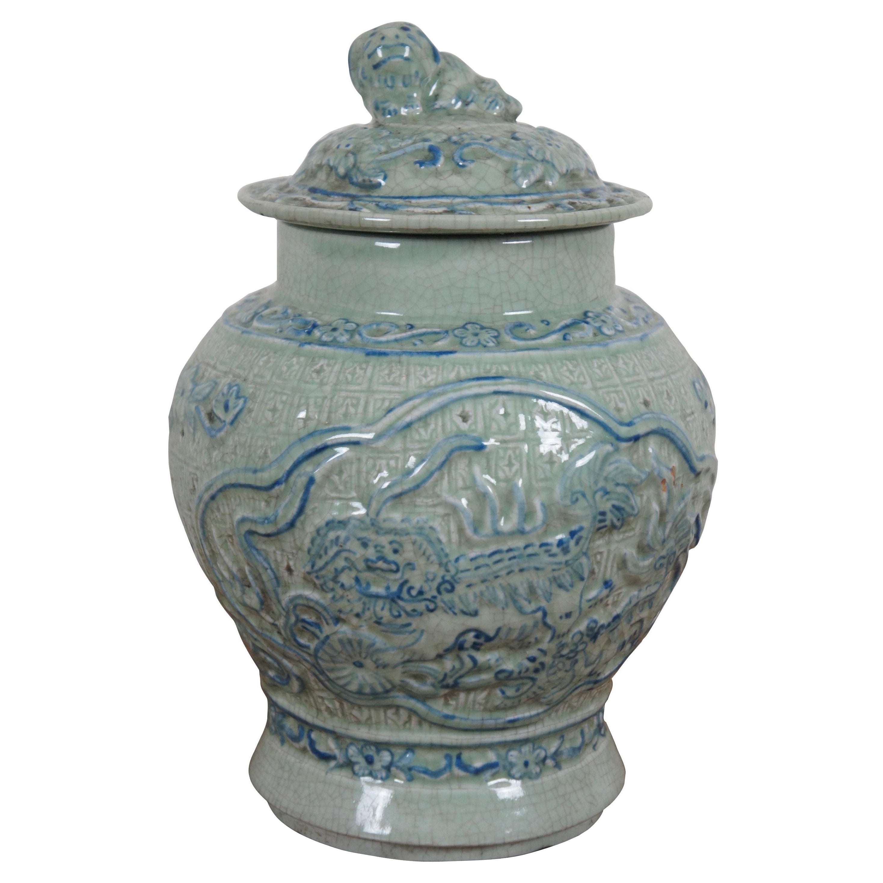 Jarrón Urna de Chimenea Vintage Celadón Porcelana Craquelada Jengibre Jarrón Perro Fu 11"