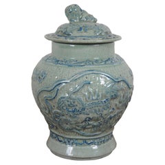 Jarrón Urna de Chimenea Vintage Celadón Porcelana Craquelada Jengibre Jarrón Perro Fu 11"