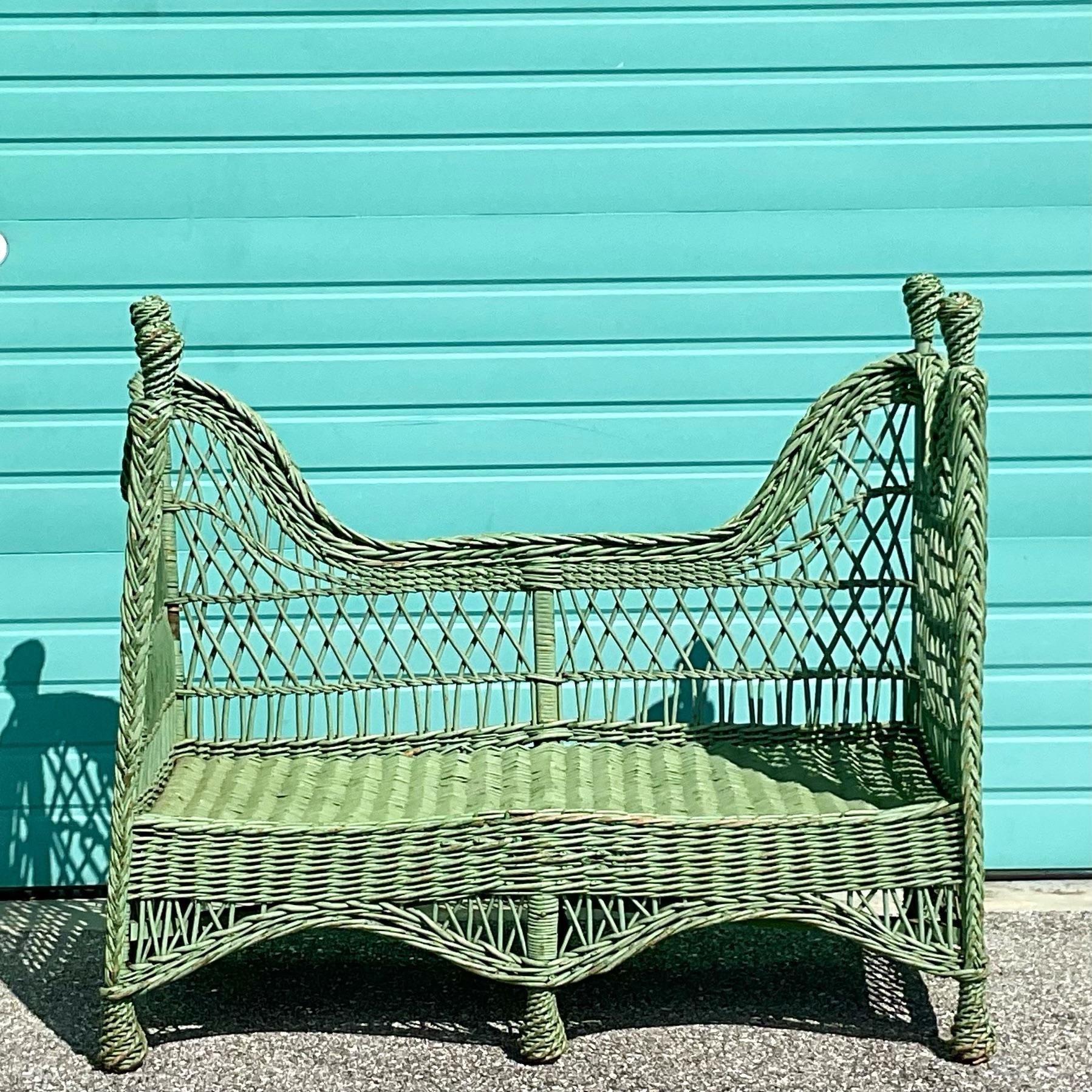 Vintage Celadon Victorian High-Back Woven Rattan Settee In Good Condition In west palm beach, FL